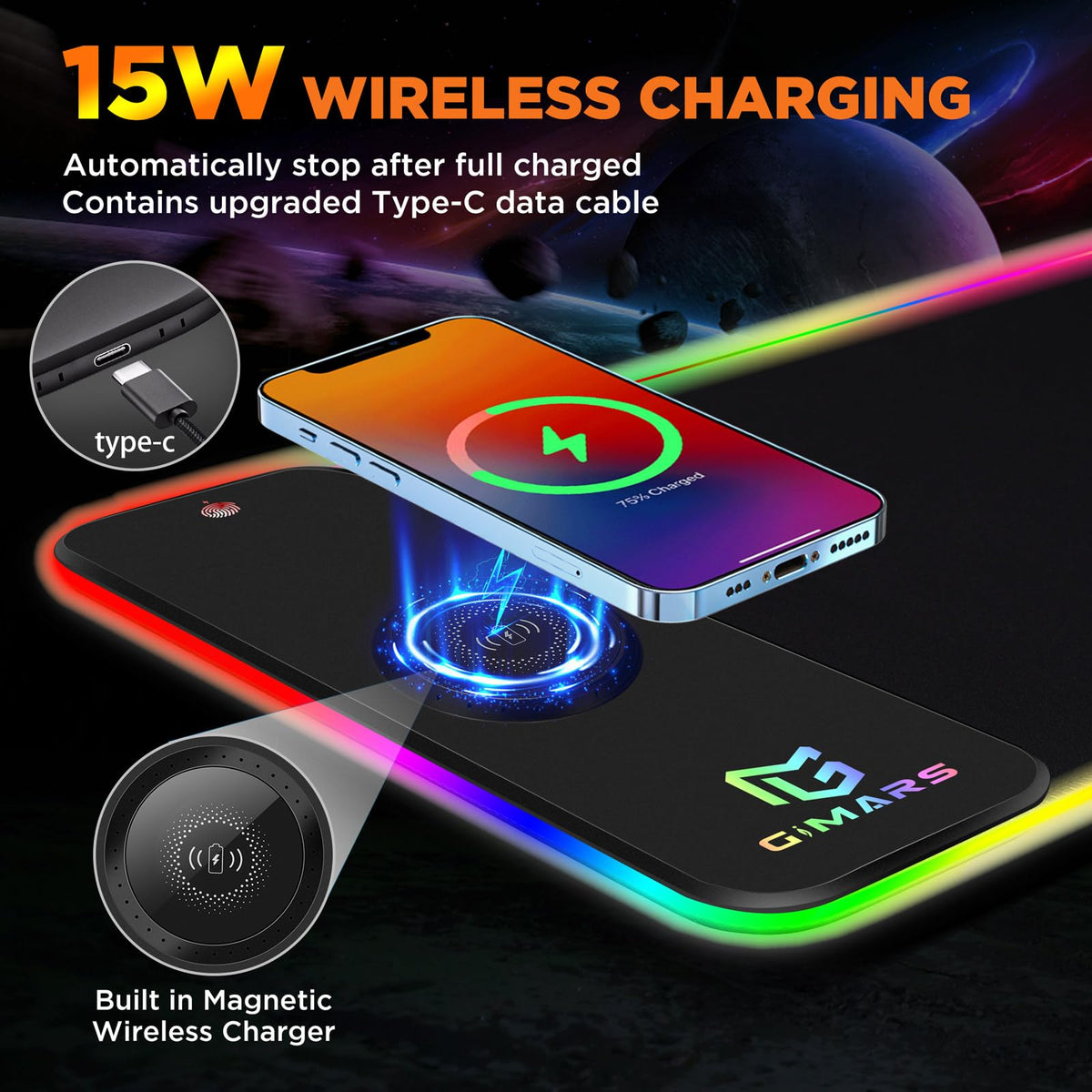 Gimars RGB Gaming Mouse Pad,15W Wireless Charging Mousepad with 10 Light Modes, Large Mousepad with