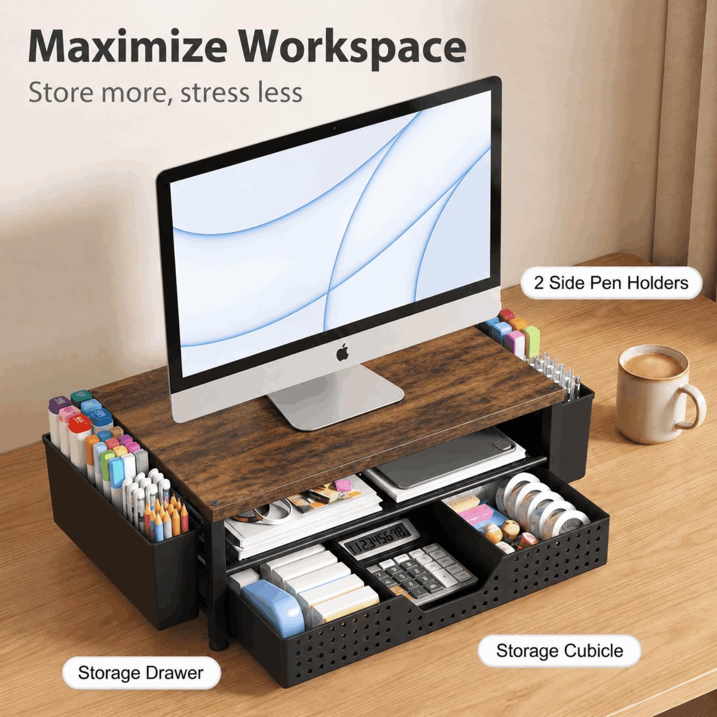 ECOLOVI Desk Organizer and Accessories, 2-Tier Computer Monitor Stand Rise with Storage Drawer & 2