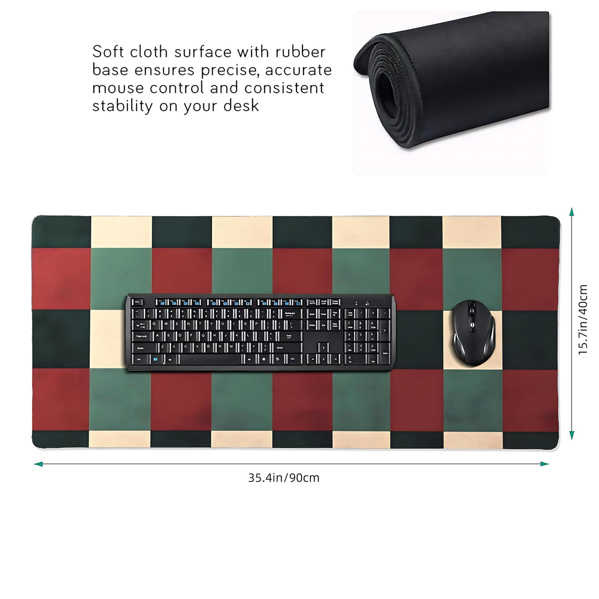 Cute Aesthetic Checkered Gaming Mouse Pad, Earth Tone Boho Desk Mat with Anti-Slip Base & Stitched