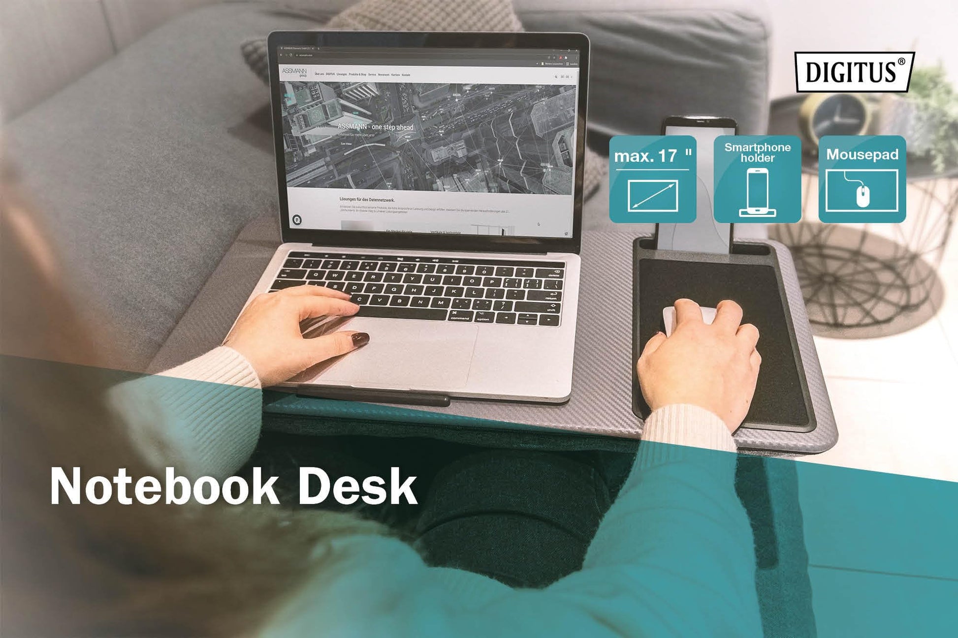 DIGITUS Notebook Desk/Workstation, 17 Inch, Mobile Phone Slot, Mouse Pad