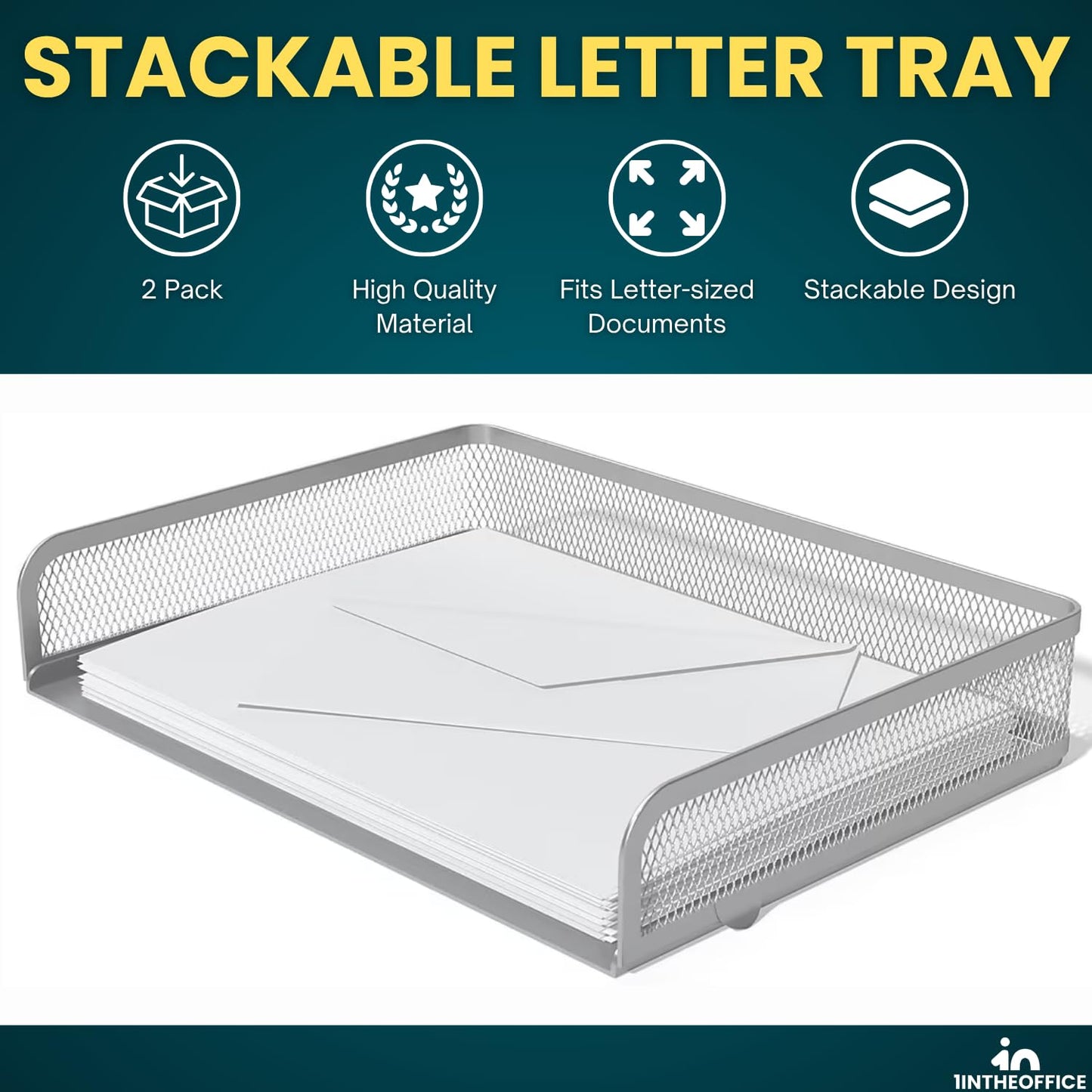 1InTheOffice Desk Tray, Letter Tray, Stackable, Side Load, Silver Mesh, 2 Pack