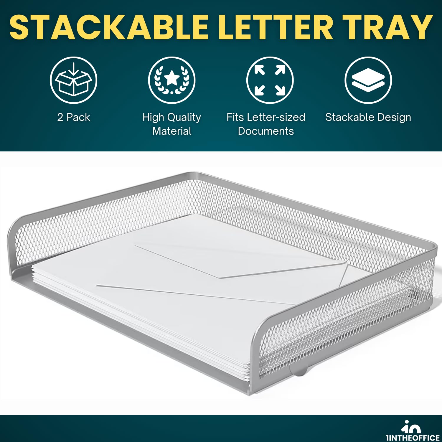 1InTheOffice Desk Tray, Letter Tray, Stackable, Side Load, Silver Mesh, 2 Pack
