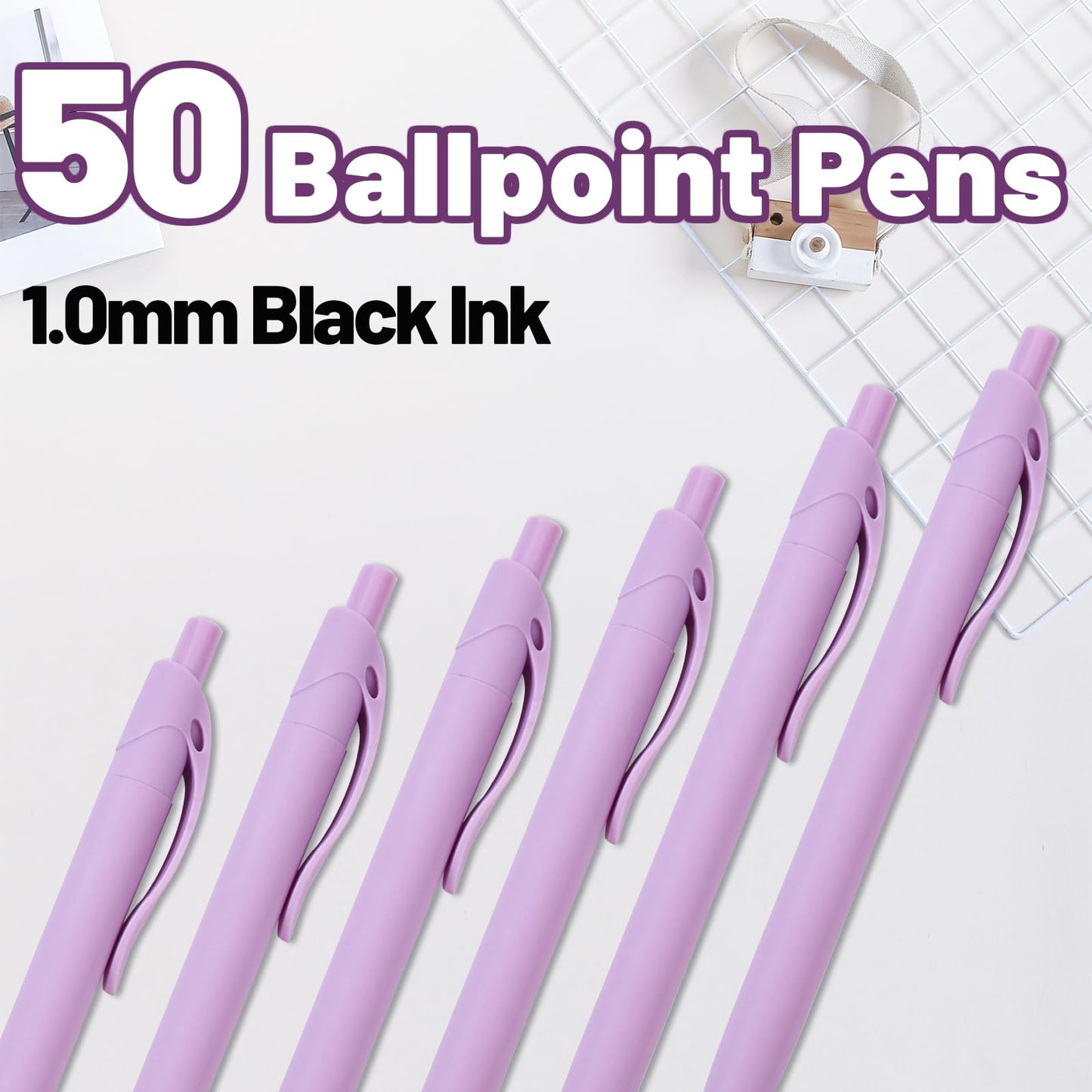 Wiaziert BallPoint Pens, 50 Pack (BLACK Ink), Bulk Pens, Purple Barrel,Click Pens for Office Home