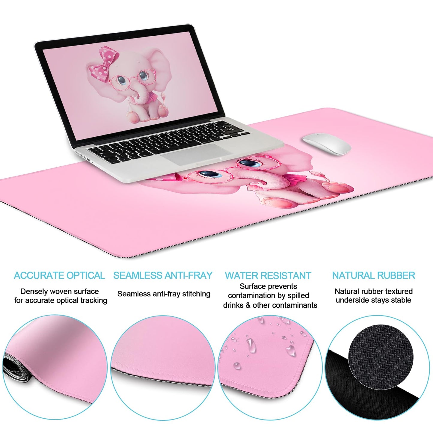 LIMKRIAN Elephant Mouse Pad Large Desk Mat Set, Kawaii Pink Desk Decor