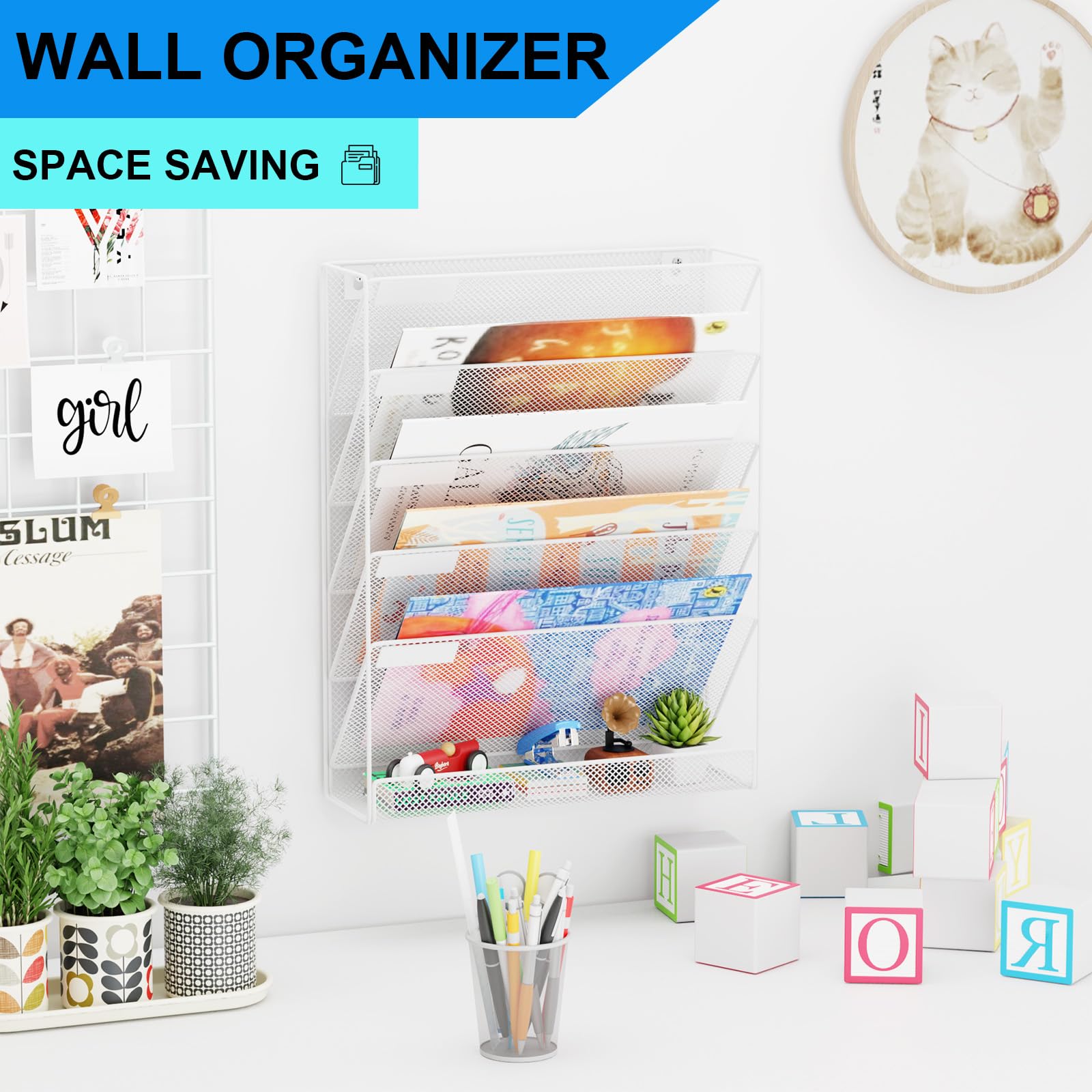 GDINDINFAN Wall File Organizer Holder Mesh Hanging Paper Document Holder,Vertical 6 Pocket Tier for