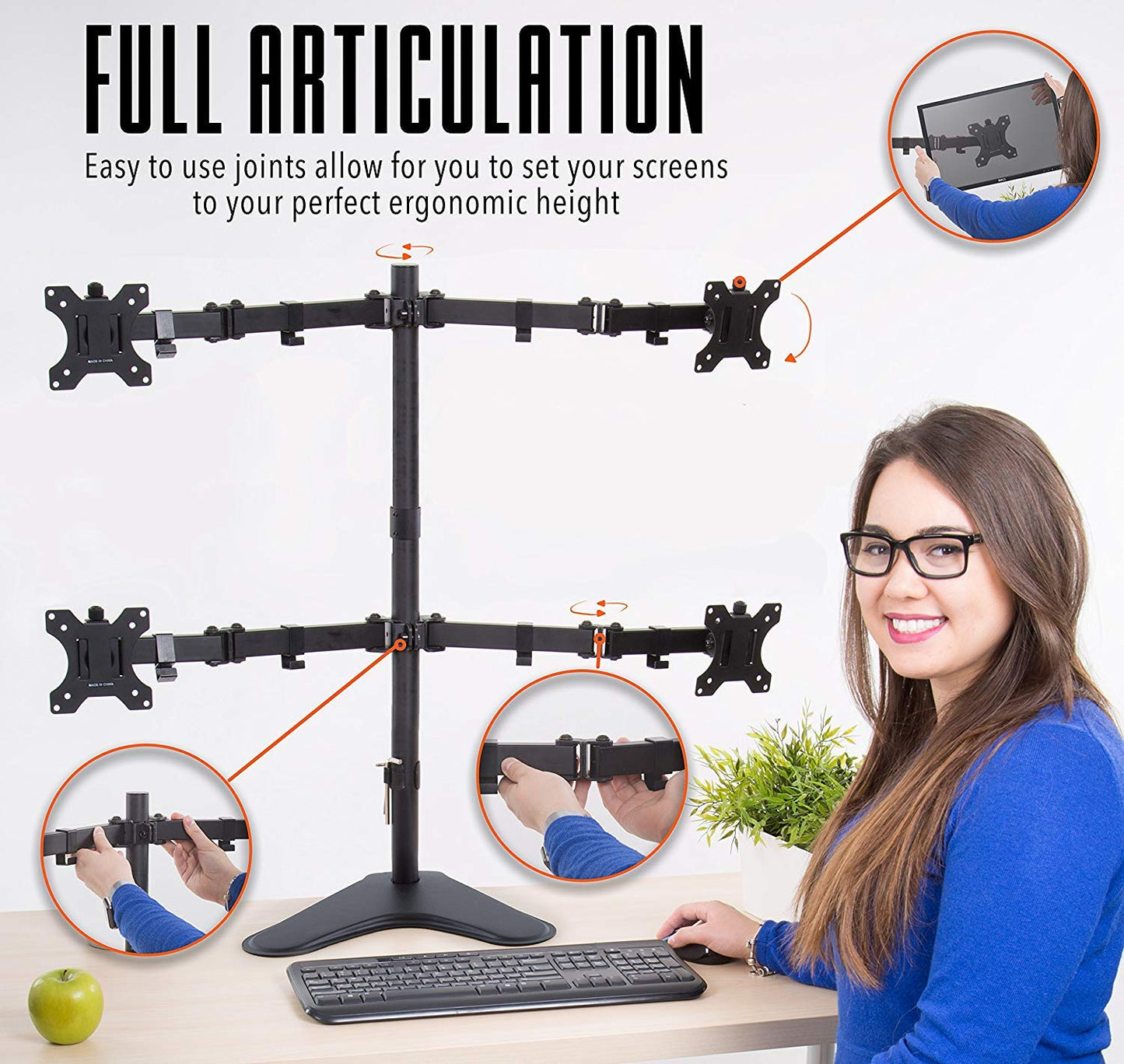Stand Steady 4-Monitor Mount | Height-Adjustable Stand with Stabilizing Base - Fits Most LCD/LED
