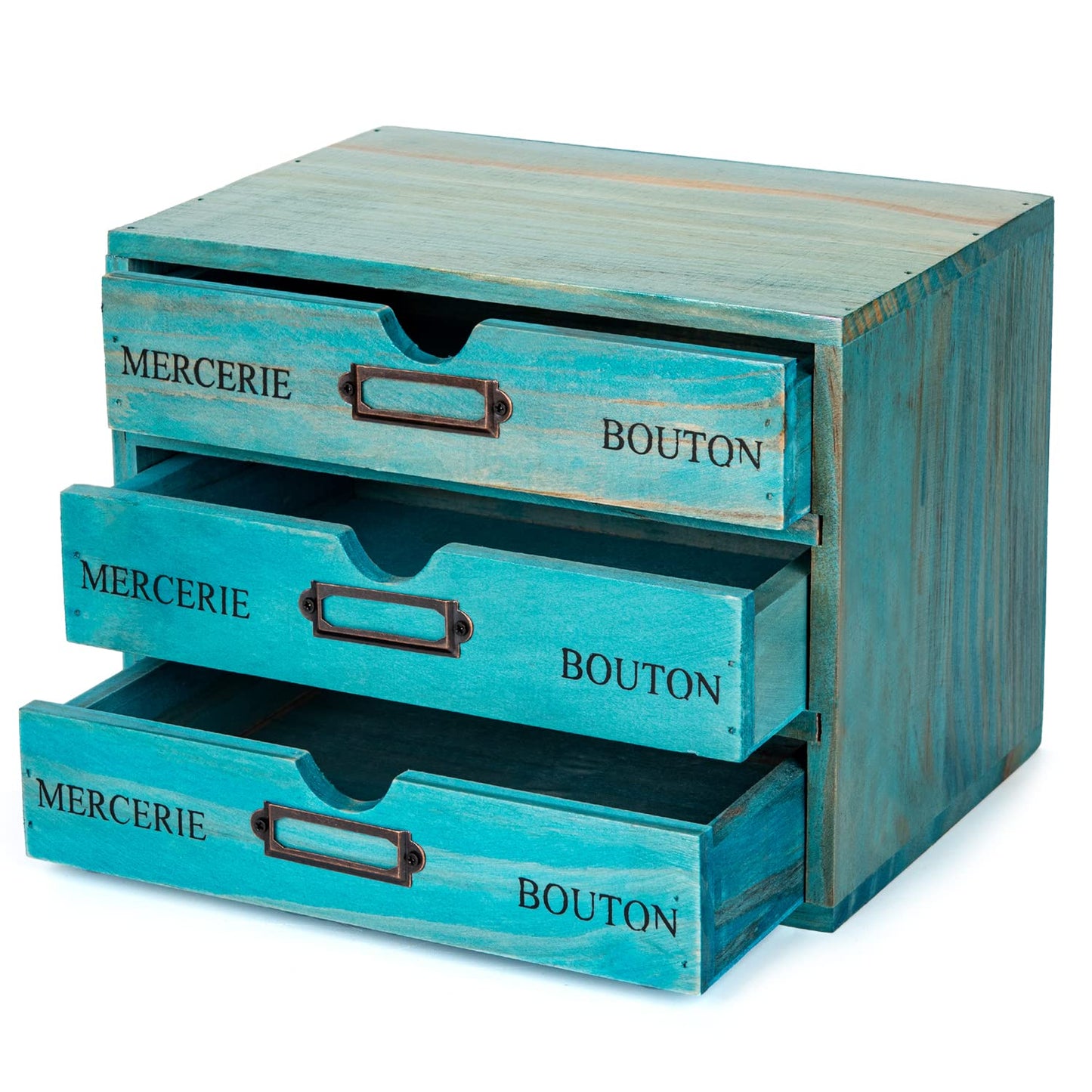Turquoise 3-Tier Drawer Unit - European Country Style Desk Organizer Box - 9.7x7x7.5" Wooden Teal