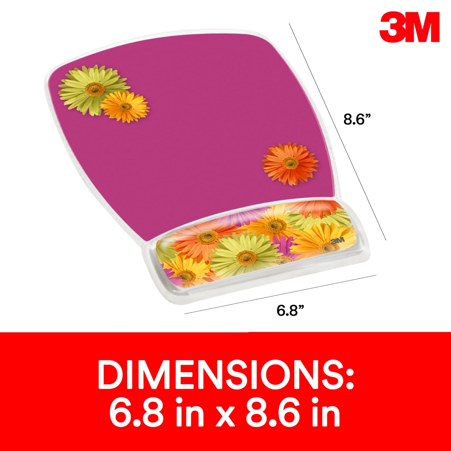 3M Gel Mousepad Wristrest, Clear Gel Daisy Design, 6.8 x 8.6 x 0.75 in