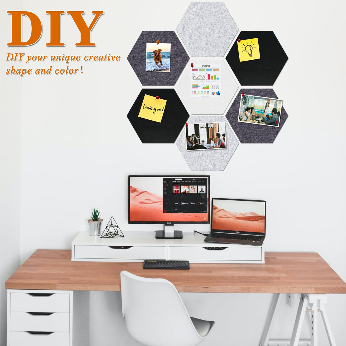 HULAVO Large Hexagon Felt Cork Board Tiles, Self Adhesive DIY Felt Bulletin Board Pin Board with 35