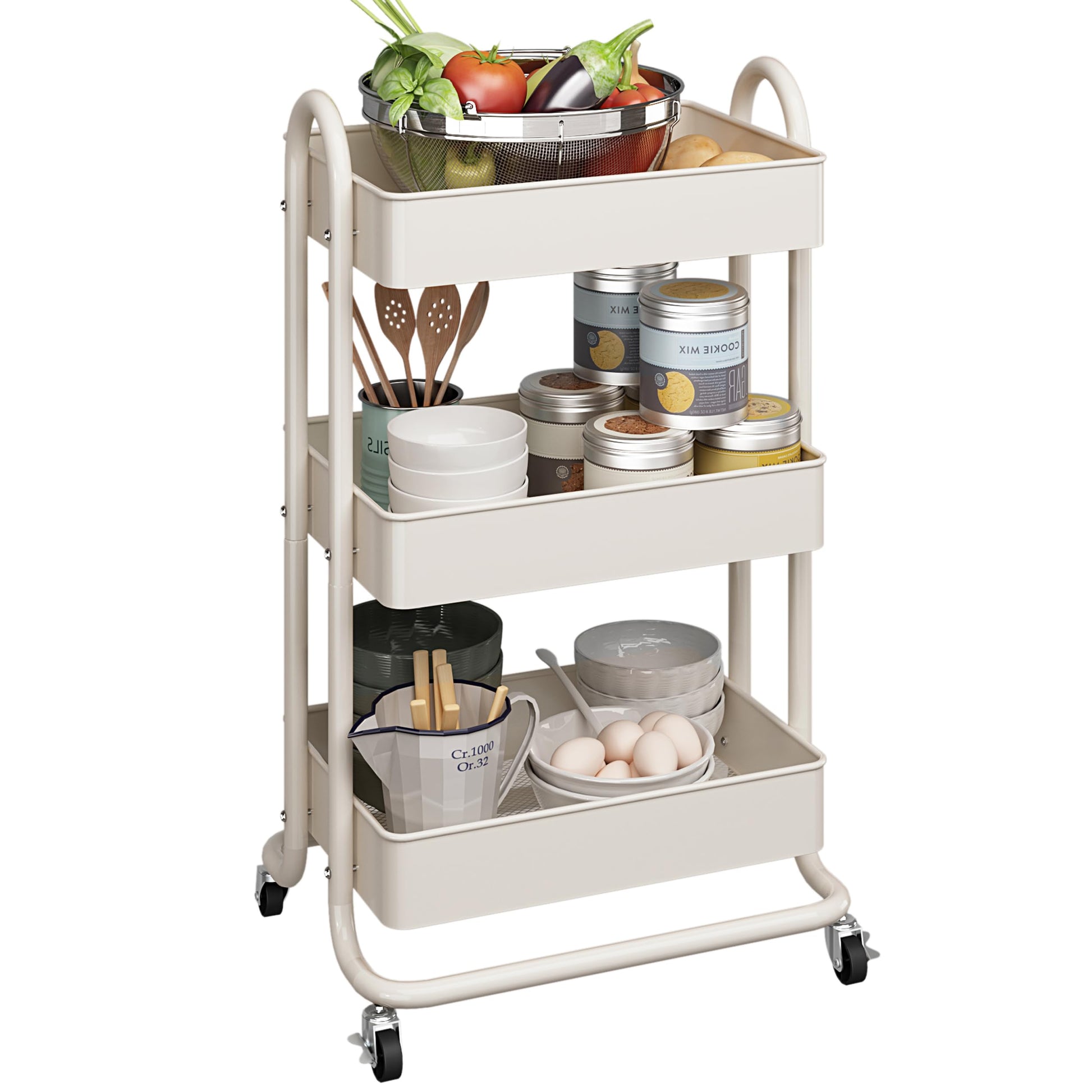MIOCASA 3-Tier Metal Utility Rolling Cart, Heavy Duty Multifunction Cart with Lockable Casters