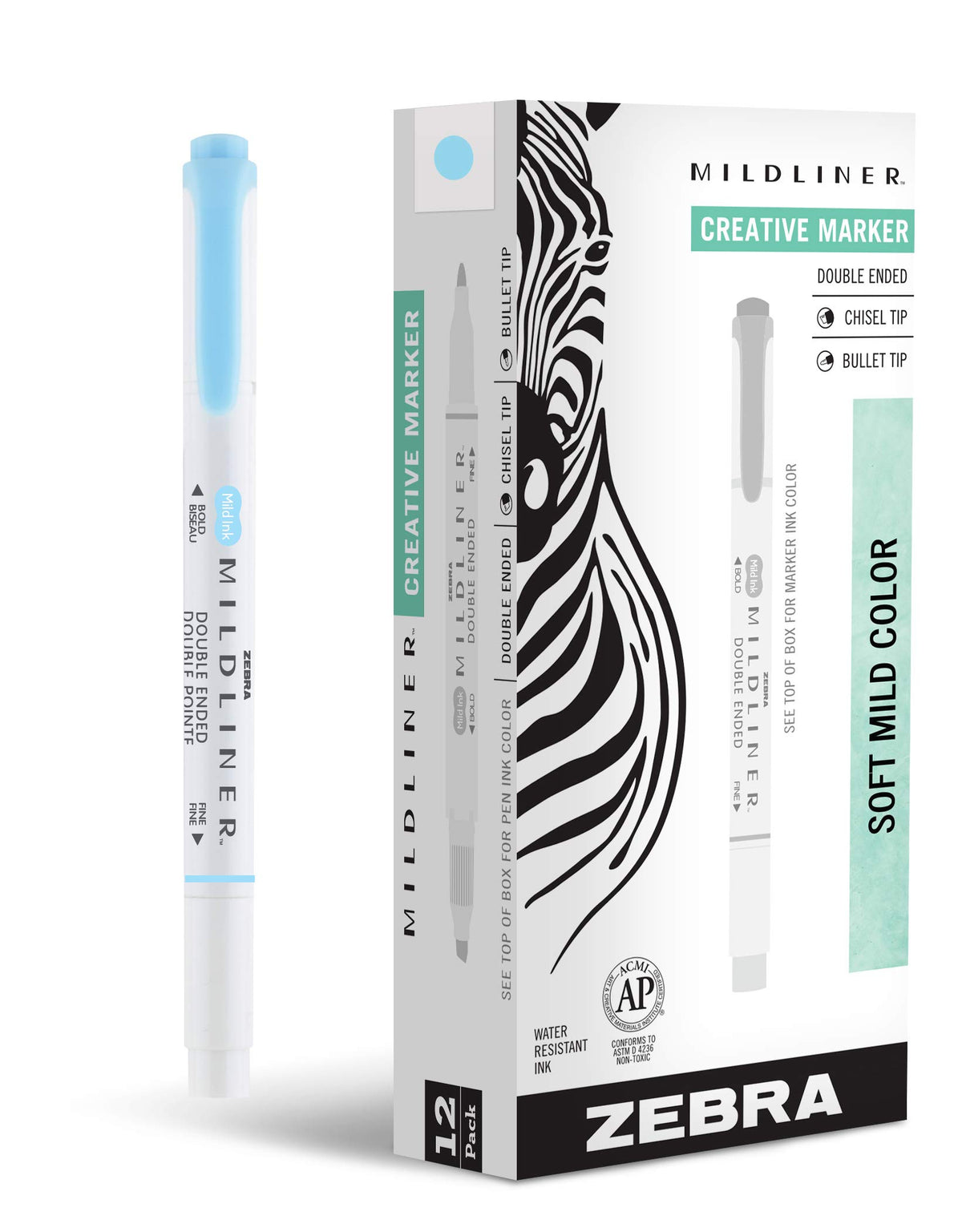 Zebra Pen MILDLINER No Bleed Highlighter, Blue Color, Dual Tip, 12-Pack