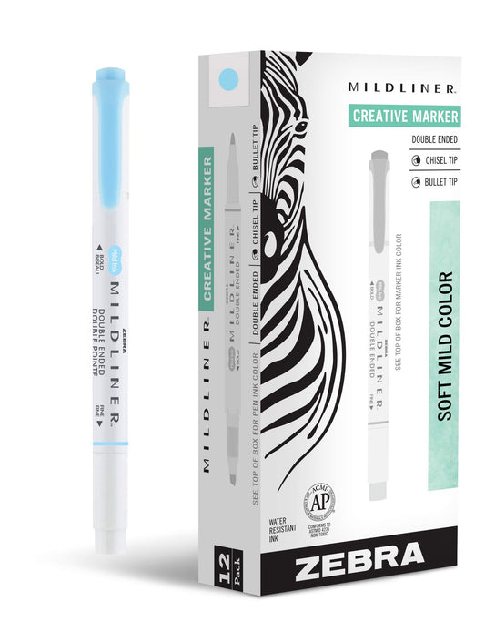 Zebra Pen MILDLINER No Bleed Highlighter, Blue Color, Dual Tip, 12-Pack