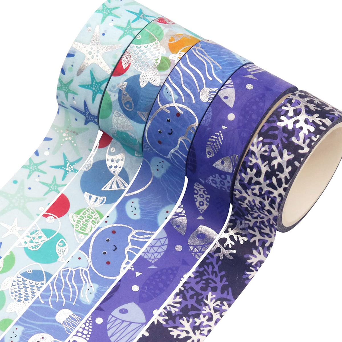 YUBX Ocean Blue Washi Tape Set 10 Rolls Silver Foil Print Decorative Masking Tapes for Arts, DIY