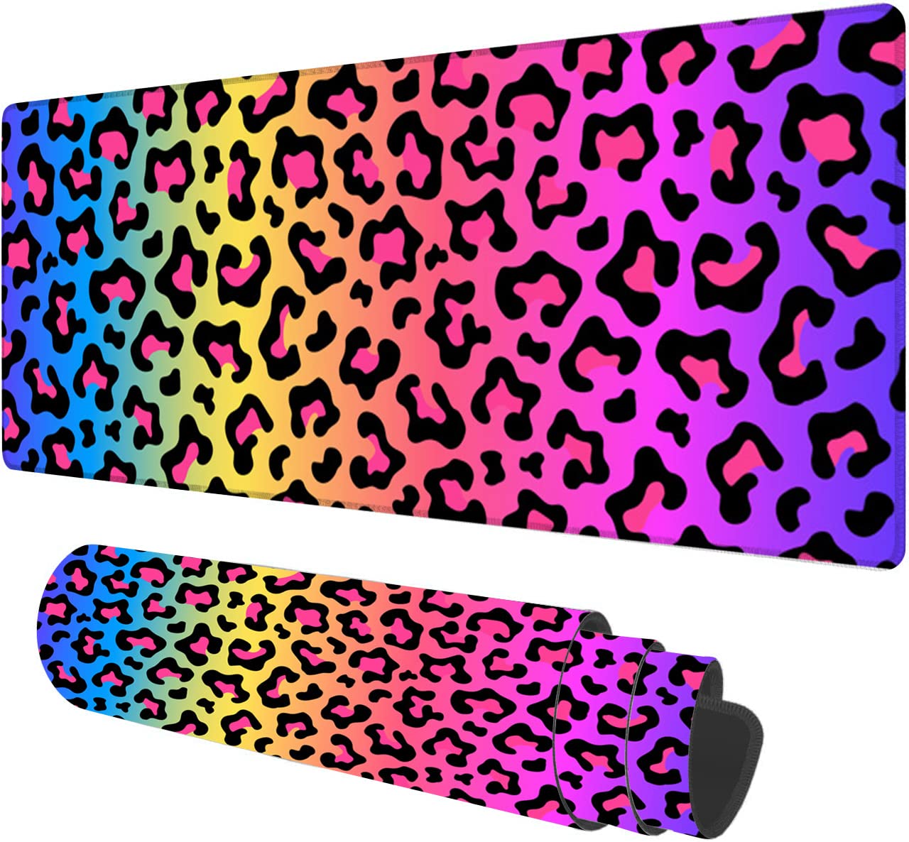 Hanazaoa Large Mouse Pad,Neon Rainbow Leopard Print Large XL Desk Mat Extended Waterproof Mouse Mat