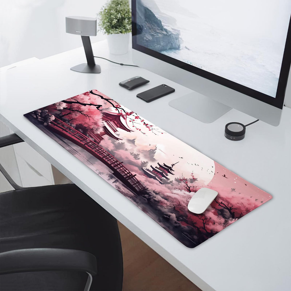 Pink Japanese Cherry Blossom Large Mouse Pad XL Sakura Forest Tree Sun Tower Mountain Extended