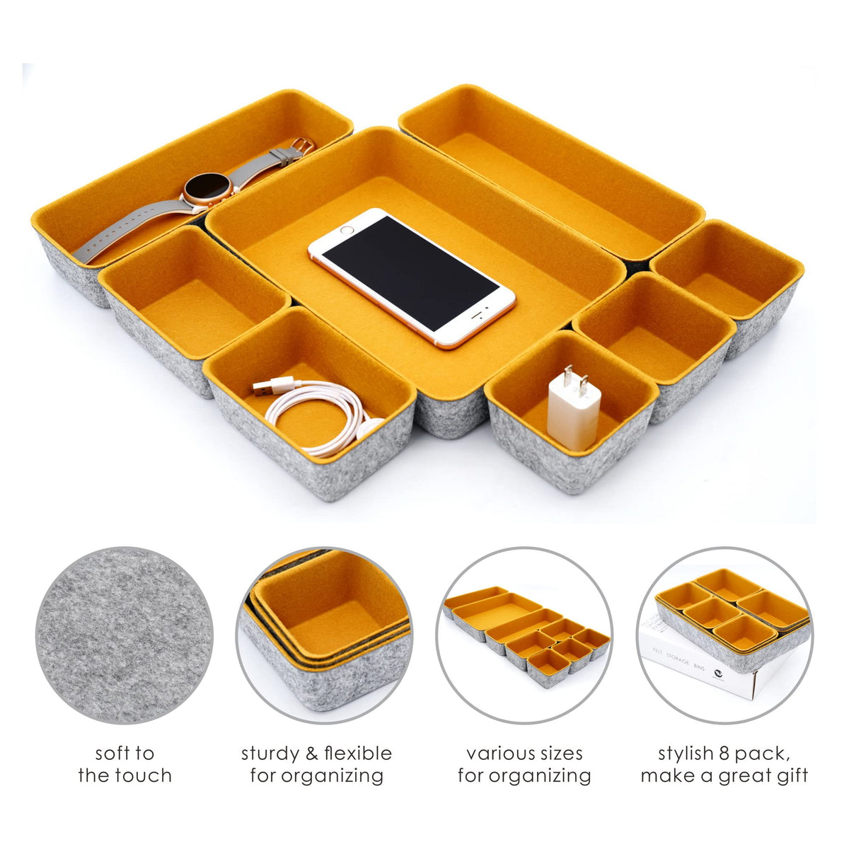 Welaxy 8-Piece Felt Drawer Organizers Curry Desk Tray Makeup Storage