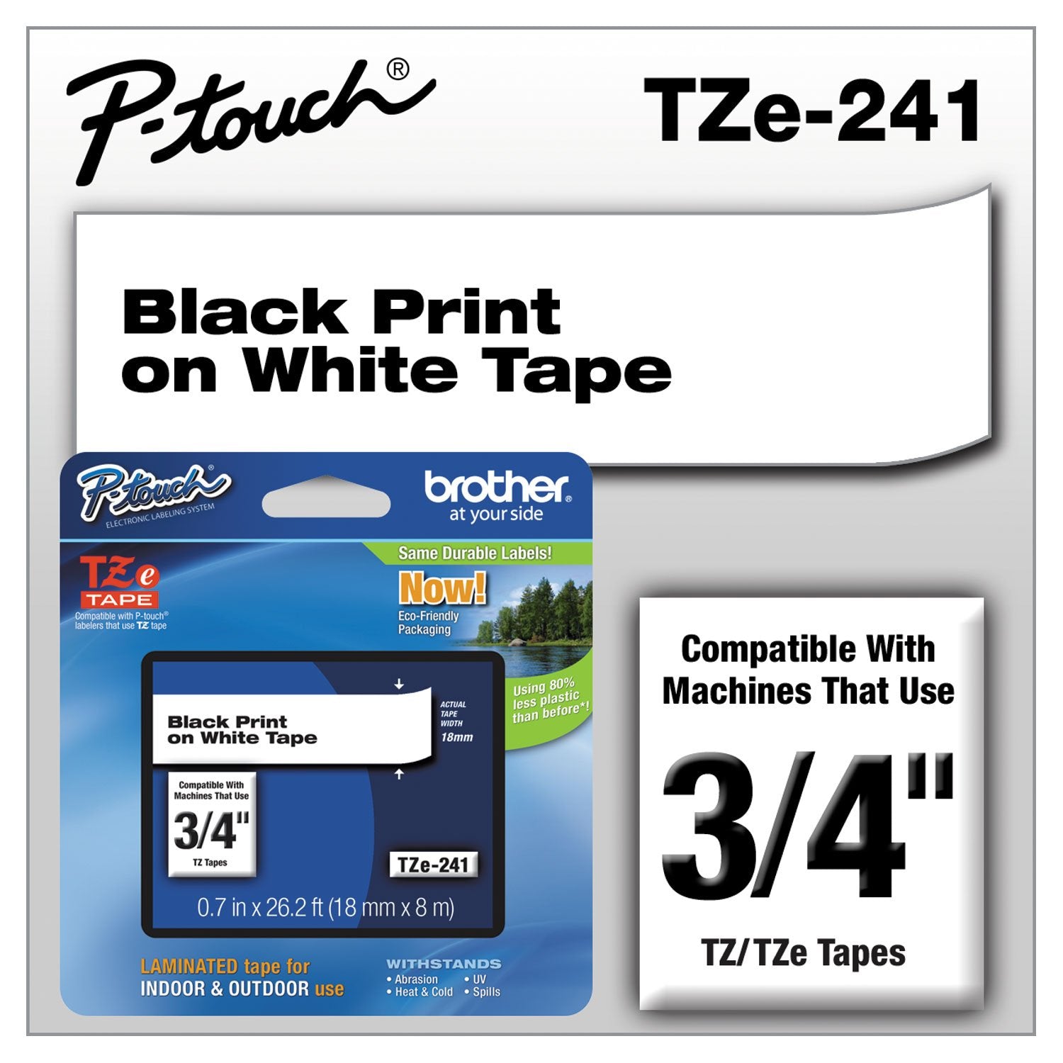 Brother Genuine P-Touch TZE-241 Tape, 3/4" (0.70") Standard Laminated P-Touch Tape, Black on White