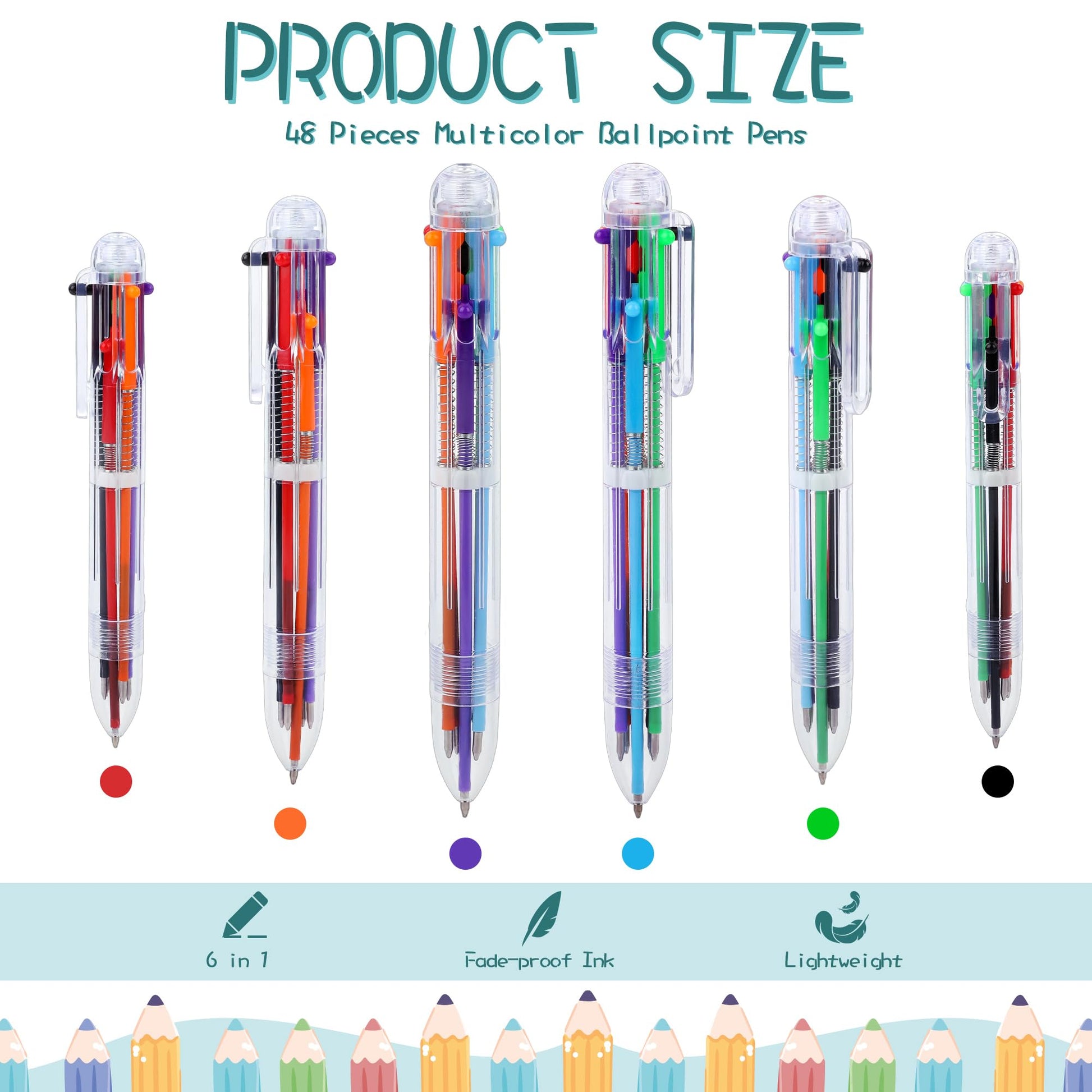Aodaer 48 Pieces Multicolor Ballpoint Pens 0.5 mm 6 Colors Transparent Barrel Ballpoint Pen 6-in-1