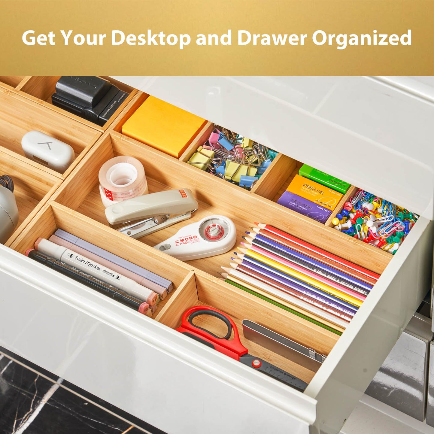 Umilife Large Bamboo Desk Drawer Organizer, Wood Office Junk Tray, 15"x12"