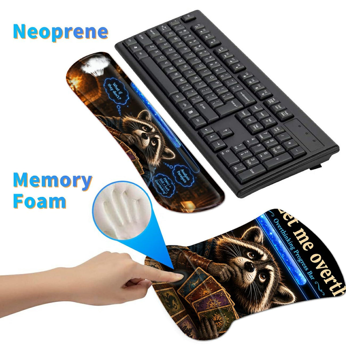 3-in-1 Ergonomic Memory Foam Keyboard Wrist Rest Pad Set, Raccoon