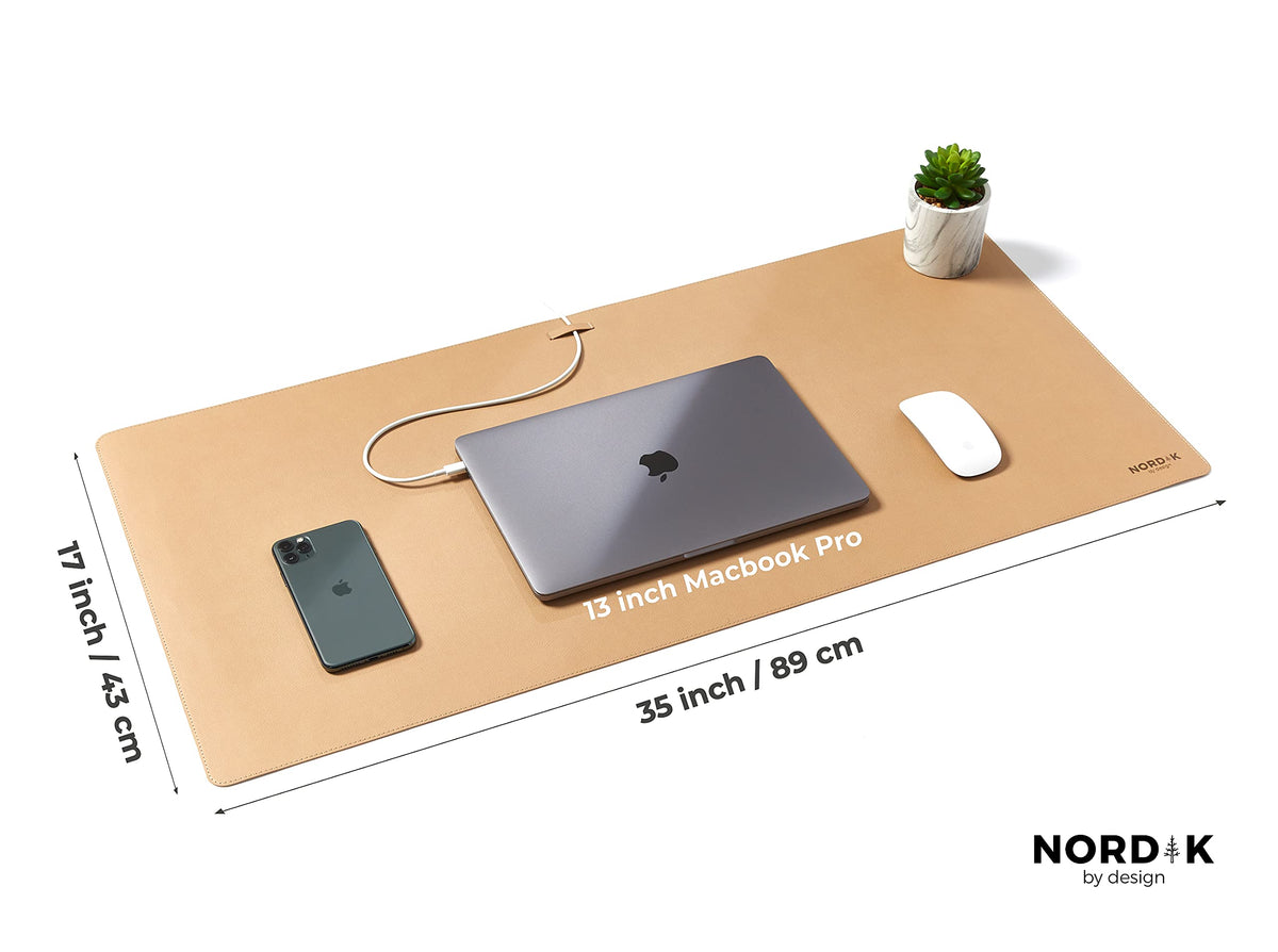 Nordik Leather Desk Mat -Champagne Beige- Large Leather Desk Pad 35x17 in