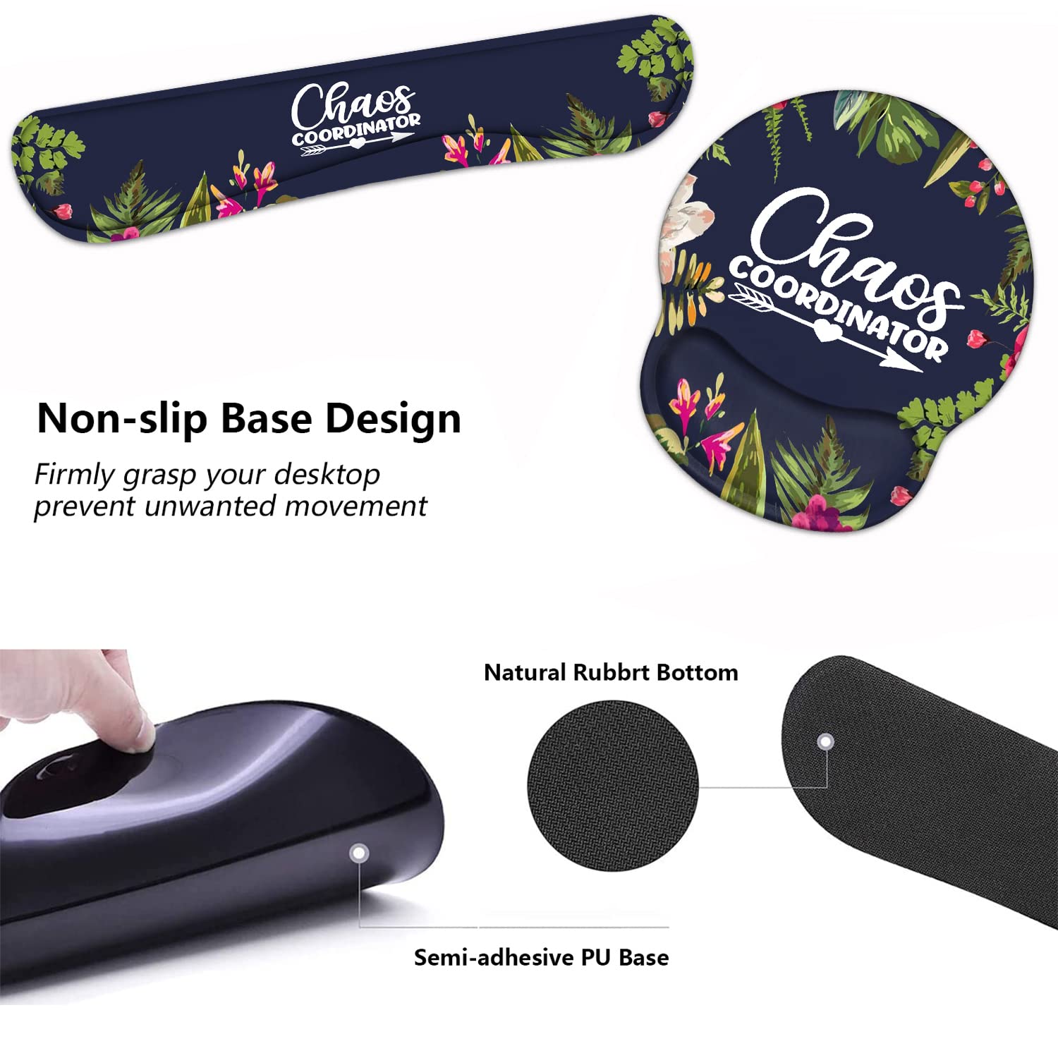 Keyboard Wrist Rest and Mouse Pad Wrist Support Set with Coasters, Chaos Coordinator Quotes Colored