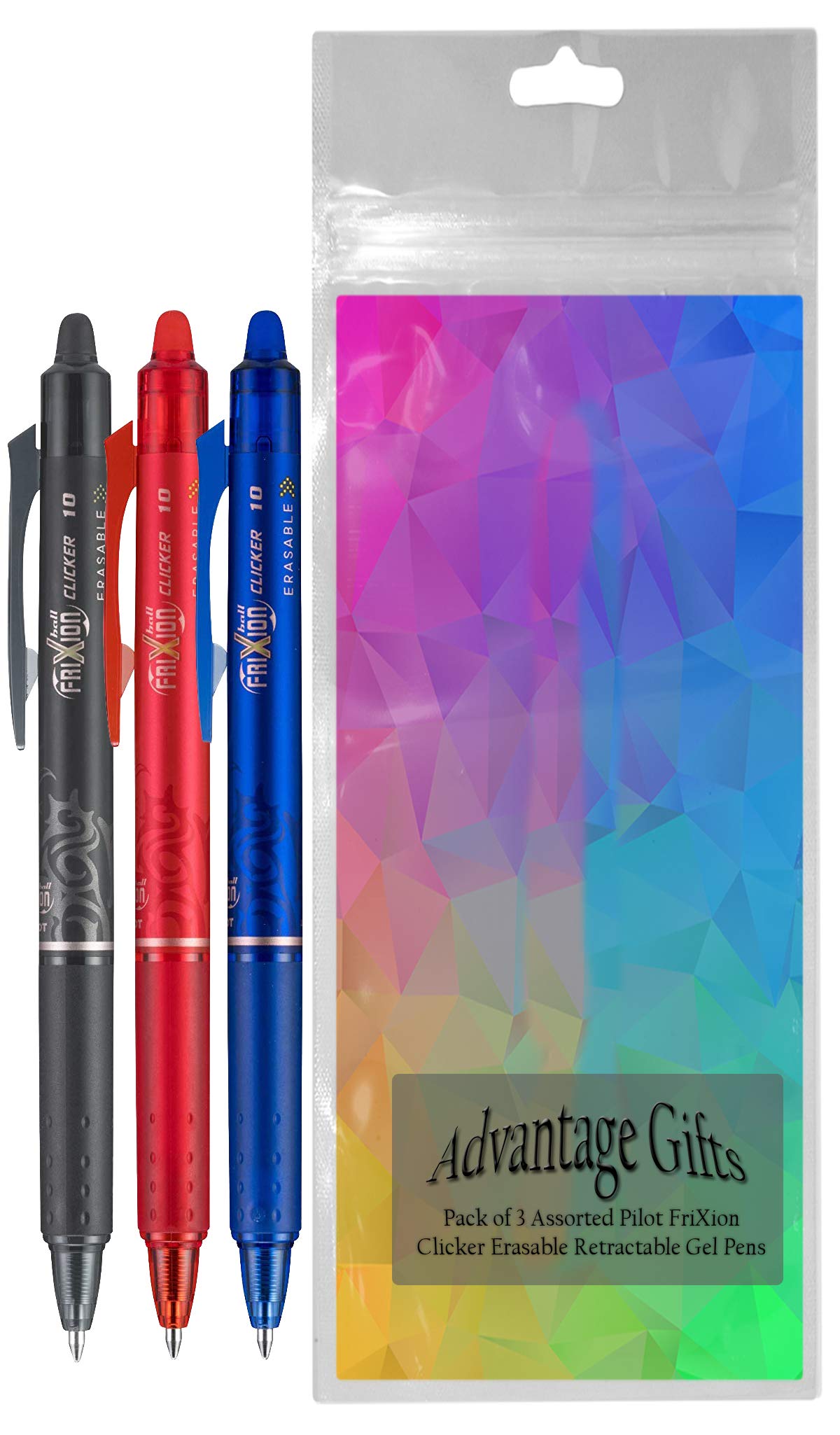 Advantage Gifts Clicker Retractable Erasable Gel Pen, Black/Blue/Red Bold Point, 3-pk; Bundle with