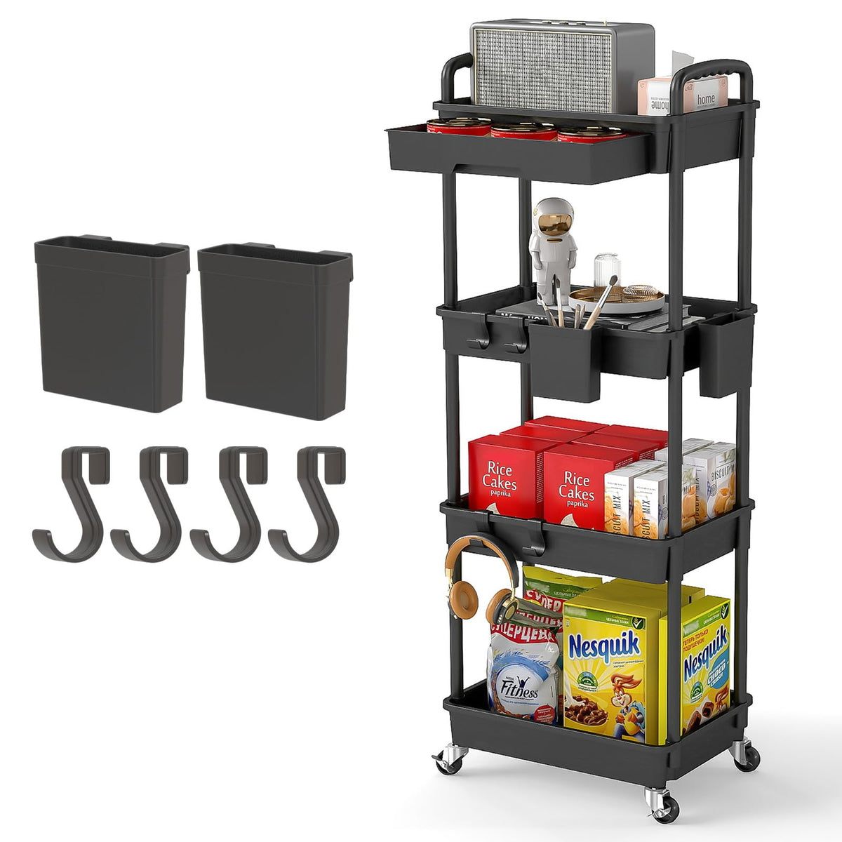 4 Tier Rolling Utility Cart with Drawer,REBECAT Utility Cart Made of Multifunctional Storage