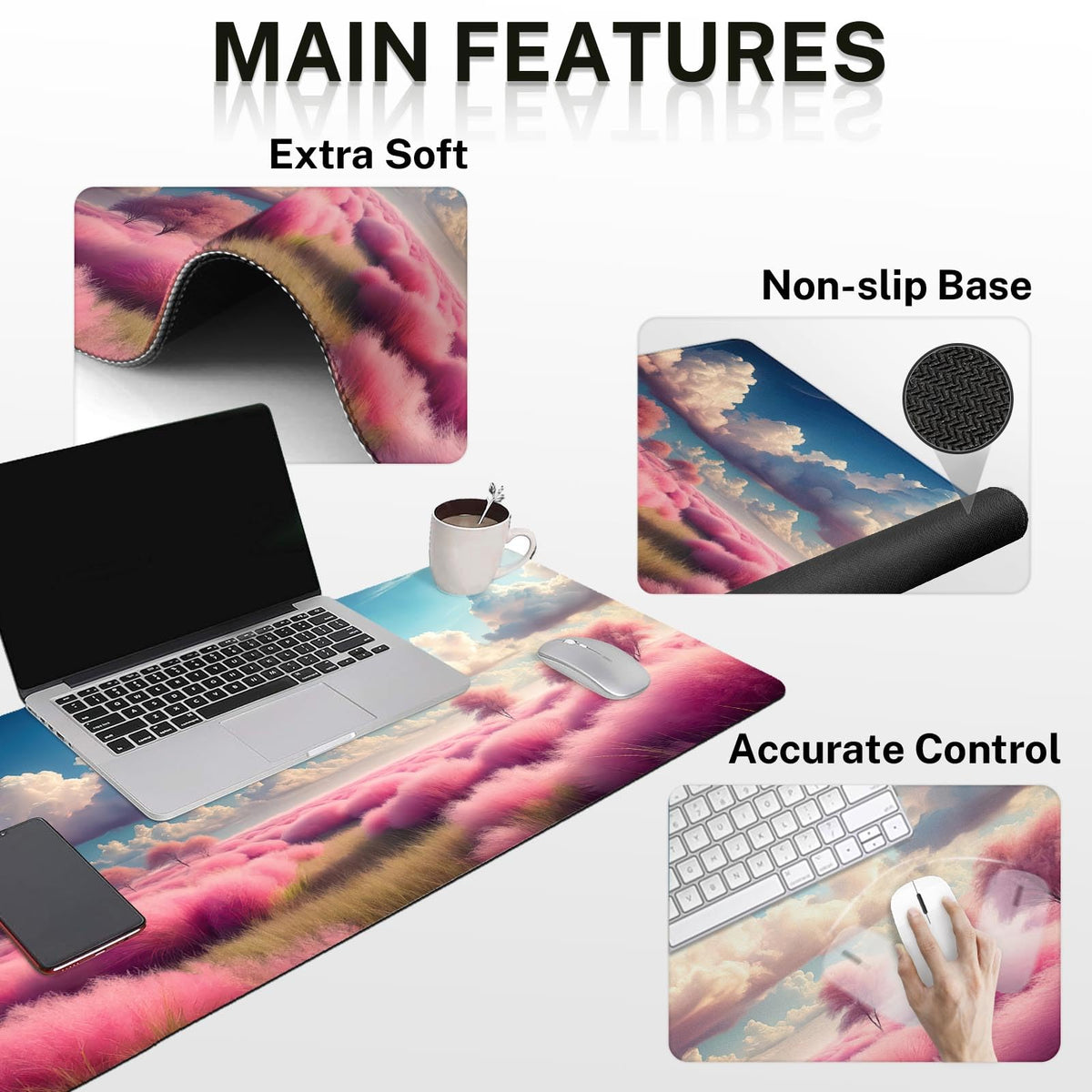 Britimes Keyboard Mouse Pad Set, 4 in 1 Desk Mat Set, Pink Clouds