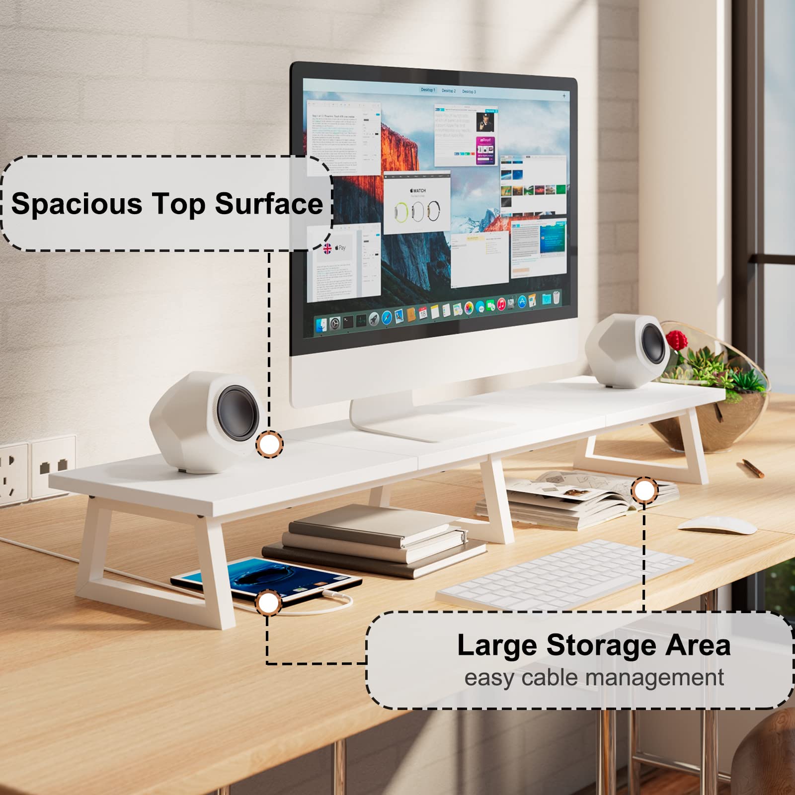 TEAMIX 42 inch Dual Monitor Riser White, Desk Organizer Stand for TV Laptop