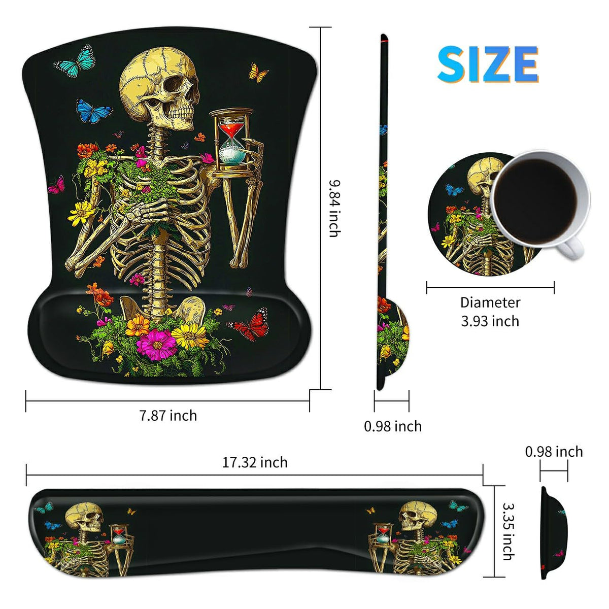 Ergonomic Memory Foam Keyboard Wrist Rest Pad Set, Flower Butterfly Skull