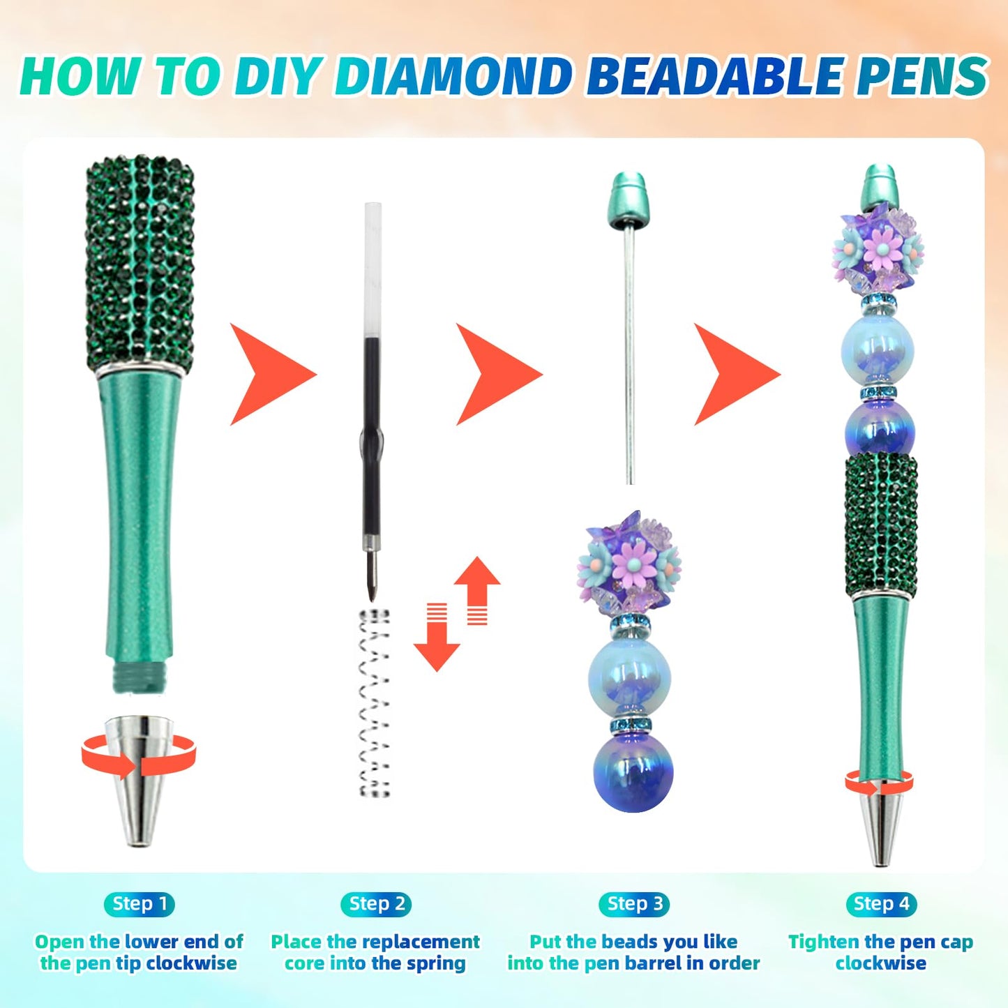 DASTTUIS 150 Pcs DIY Diamond Beadable Pen Kit - 50 Plastic Rhinestone Beaded Pens Bulk with Refills