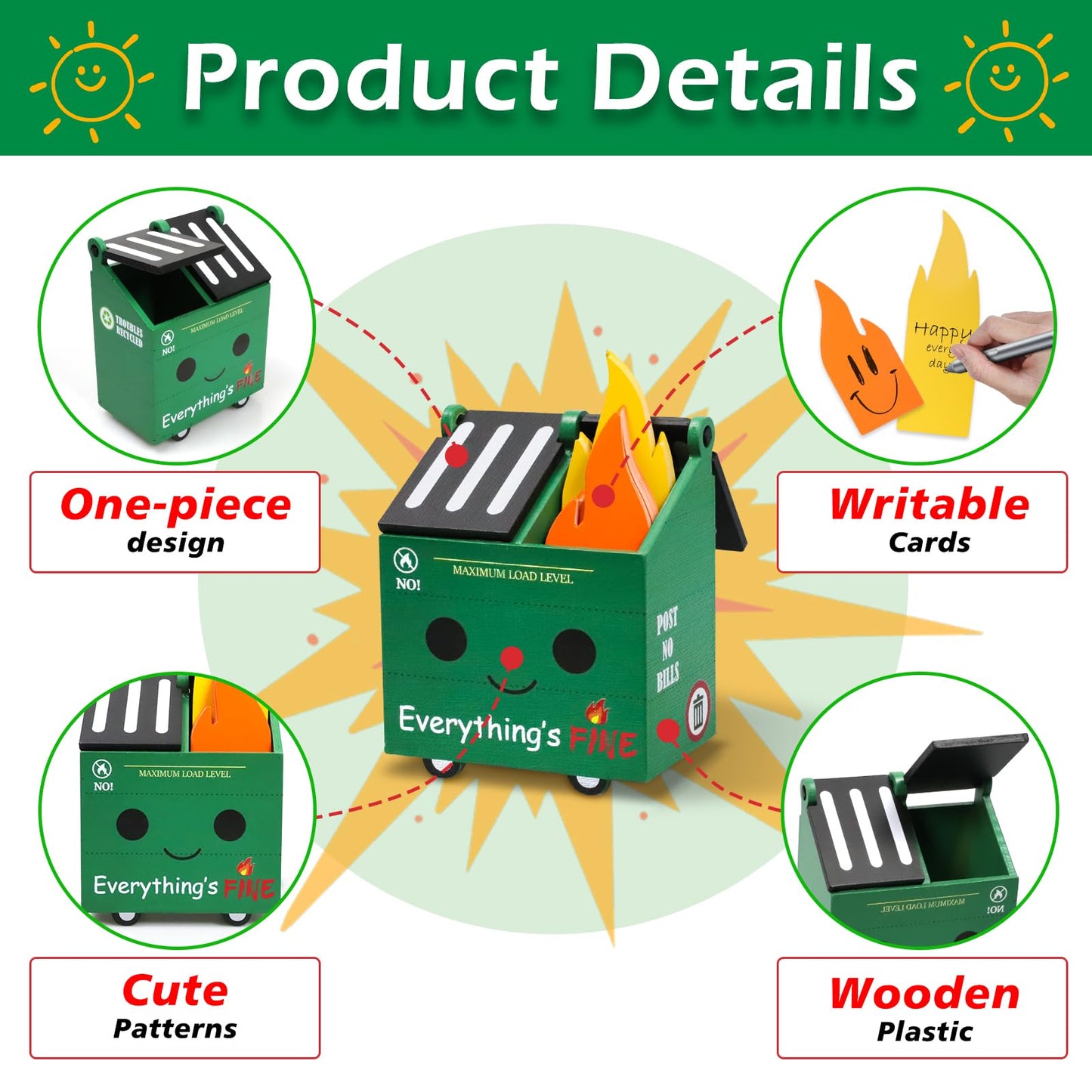 PUNICA 2 Set Dumpster Fire Pencil Holder with 100 Pcs Flame Note Cards, Funny Office Desk