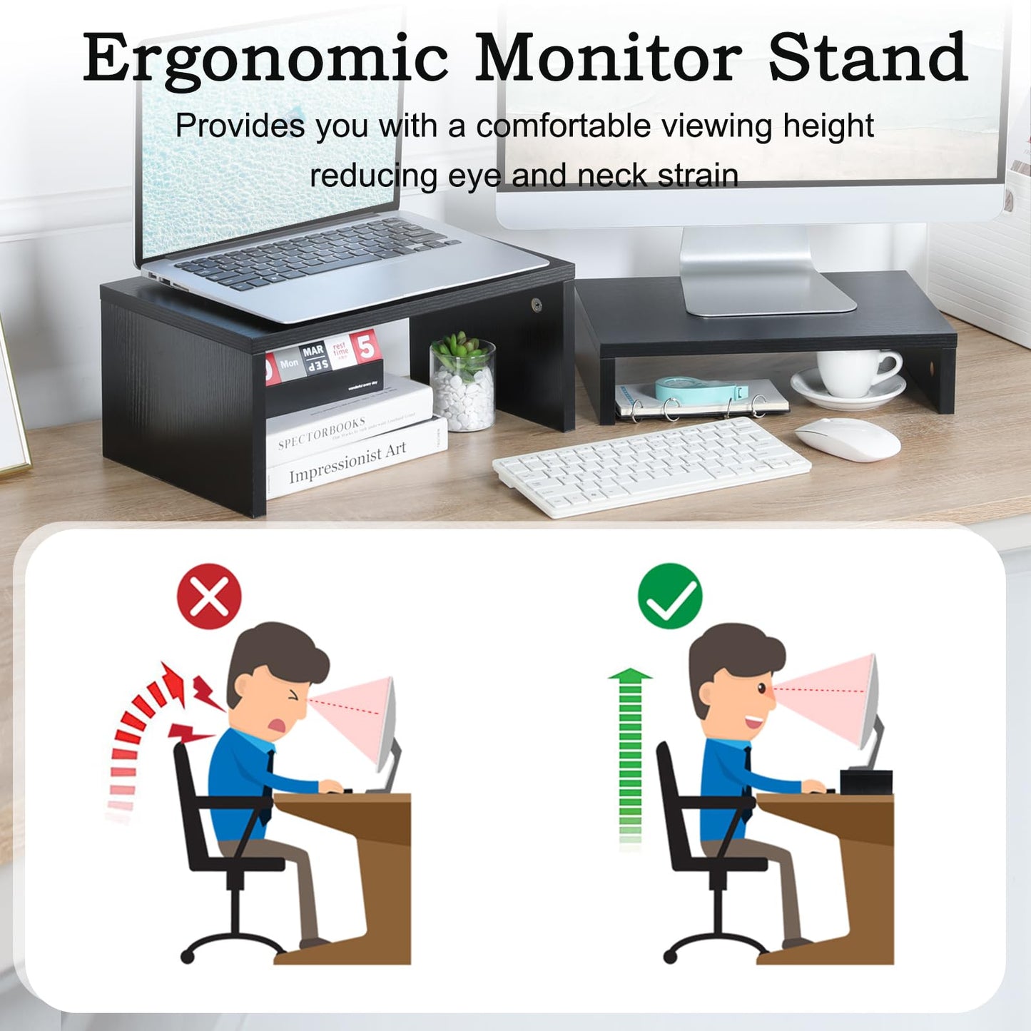 TEAMIX 2-Pack Monitor & Laptop Stand Riser,Wood High-Low Dual Monitor Setup