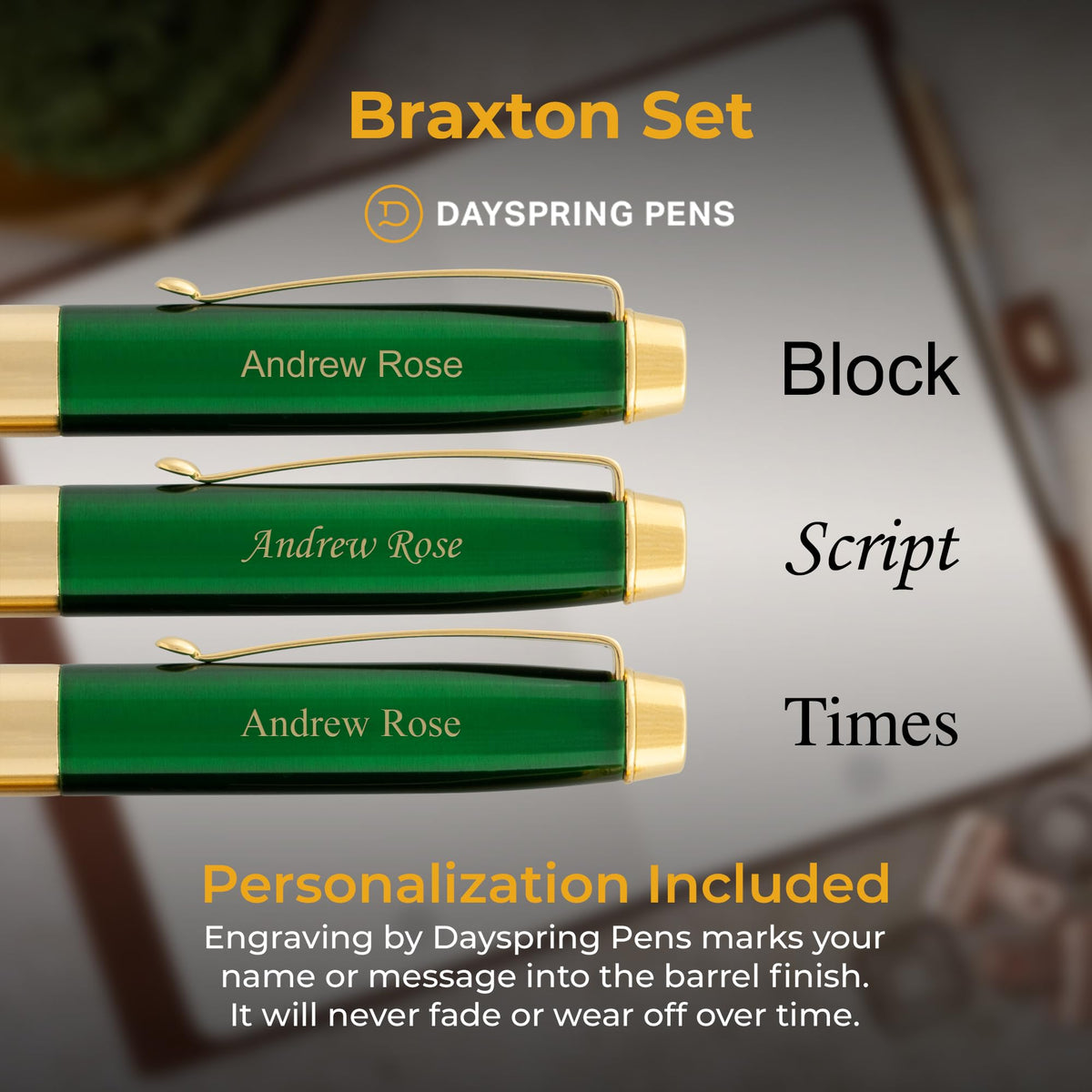 Braxton Personalized Ballpoint and Rollerball Set, Green Lacquer, 18K Gold