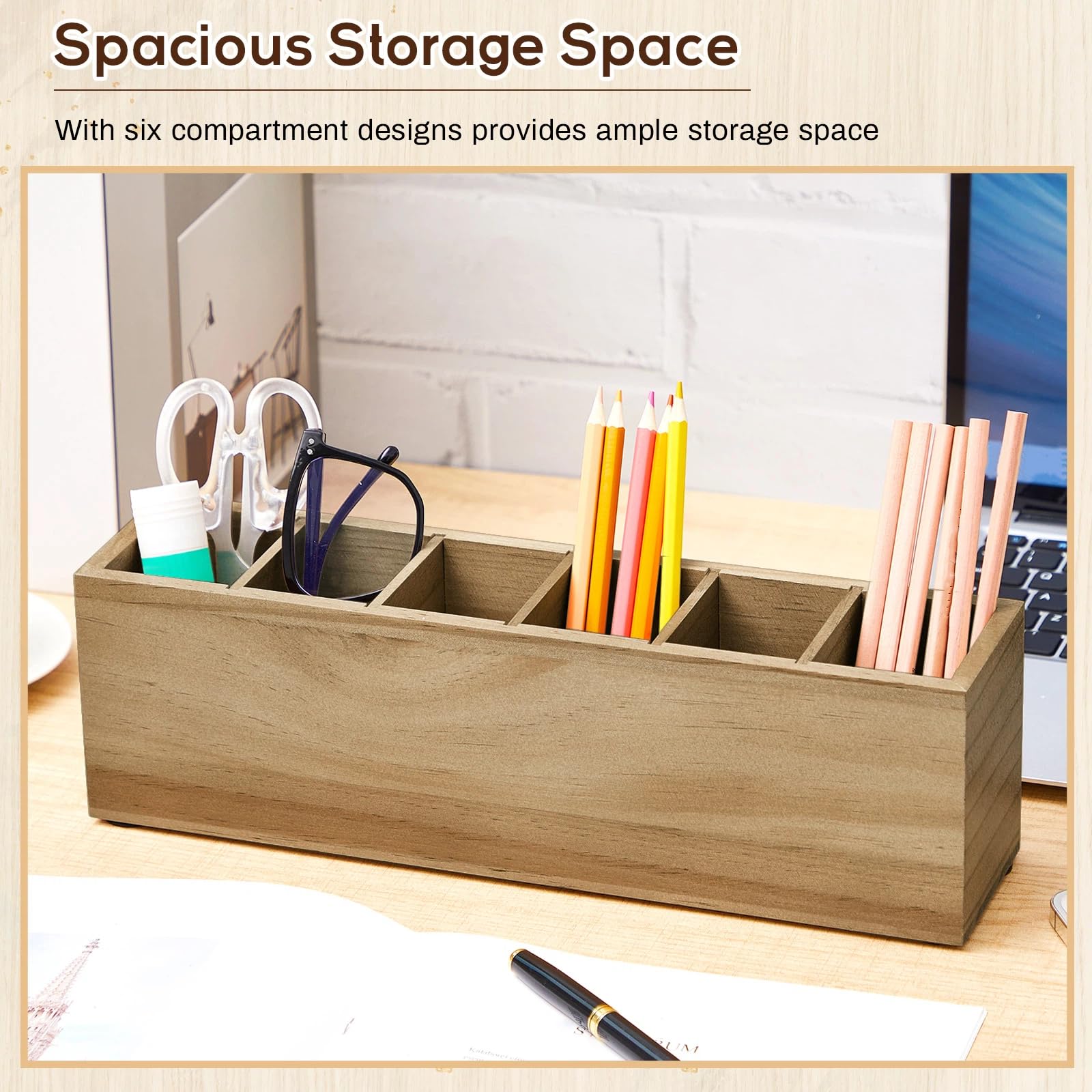 Jetec Wooden Pencil Pen Holder for Desk, Wood Color, 6 Compartments