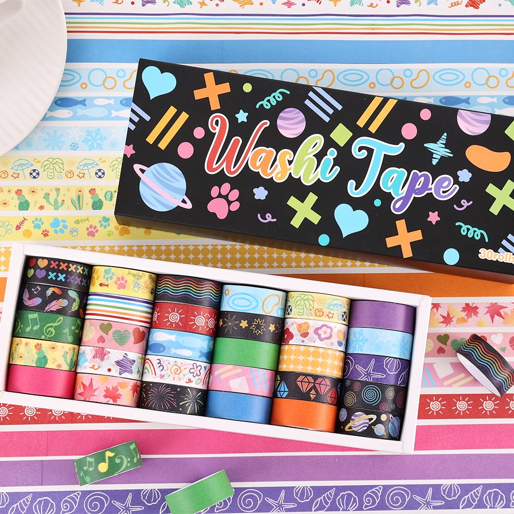 icceemee 30 Rolls Colorful Theme Washi Tape Set with Different Colorful Patterns, Writable