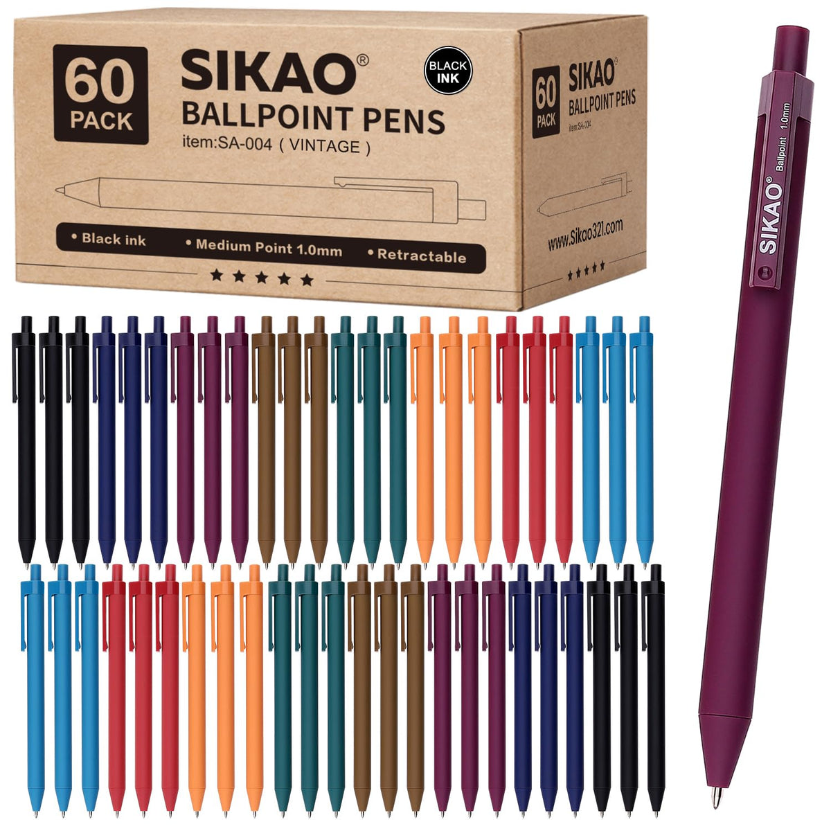 Sikao Pens Bulk, 60 Pack Retractable Ballpoint Pens Black Ink (Vintage)