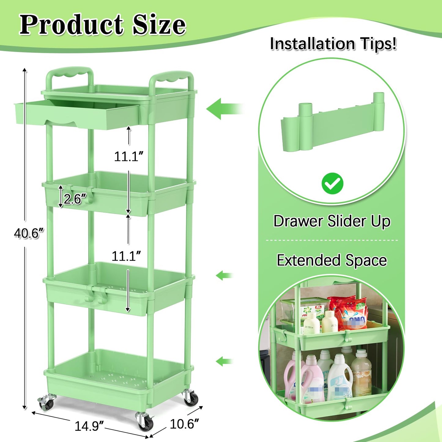 SUNALLY 4 Tier Rolling Cart with Drawer, Craft Storage Cart Organizer,Green