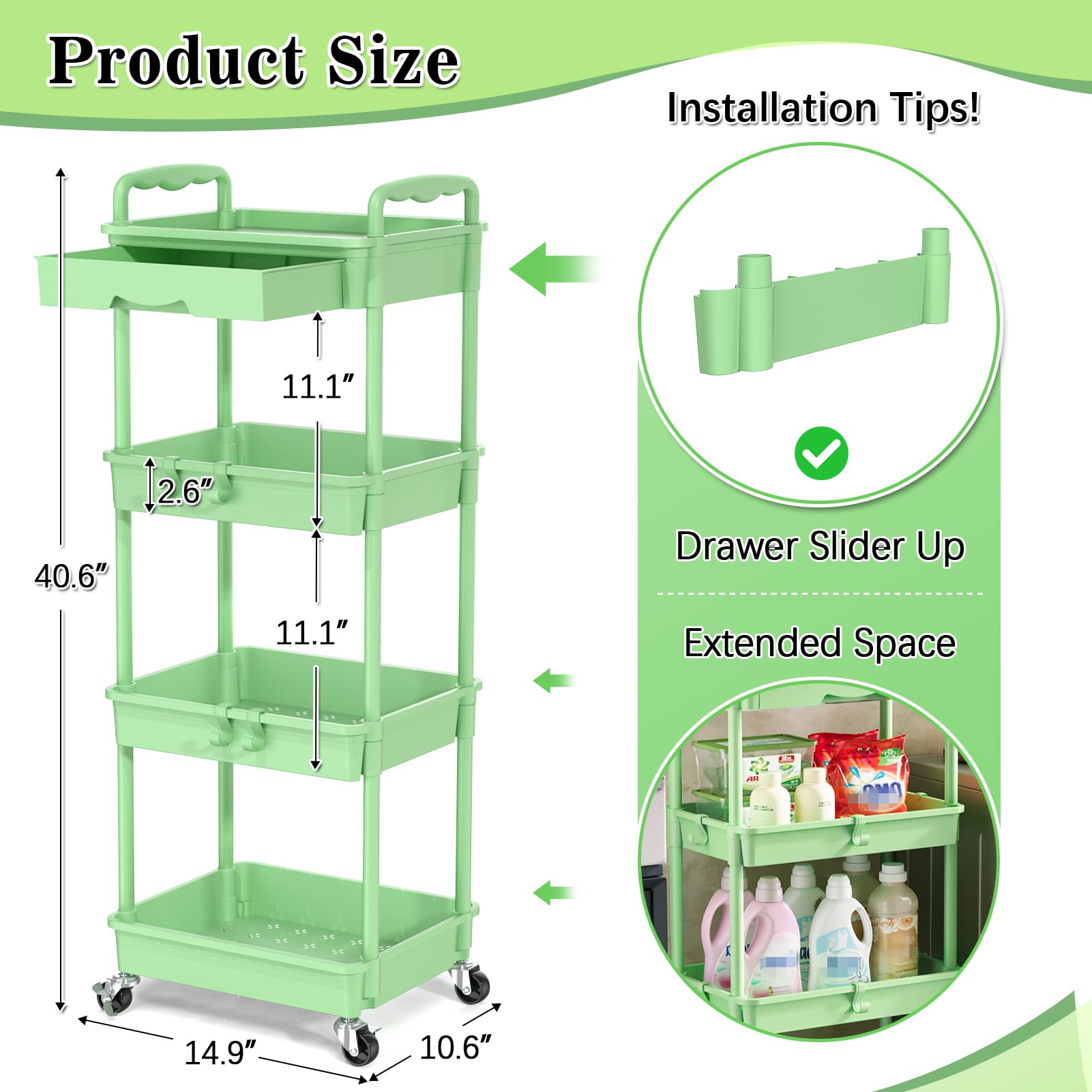 SUNALLY 4 Tier Rolling Cart with Drawer, Craft Storage Cart Organizer,Green
