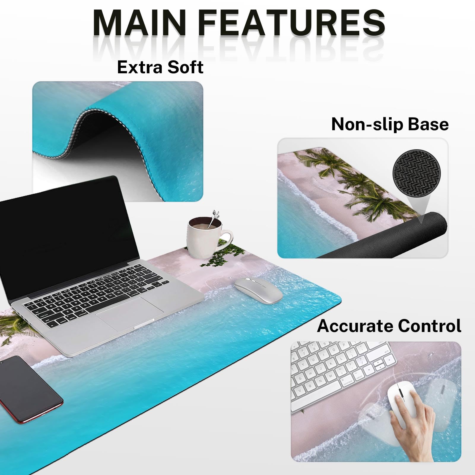 Britimes Keyboard Mouse Pad Set, 4 in 1 Desk Mat Set, Ocean Beach Blue