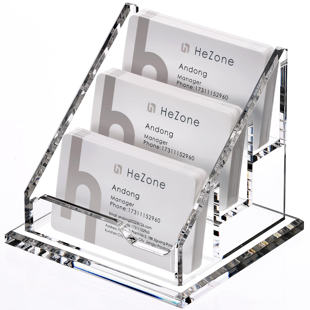 HeZone Acrylic Card Holder Clear Horizontal Business Card Organizer Stand for Desk 3 Slots 3 Tier
