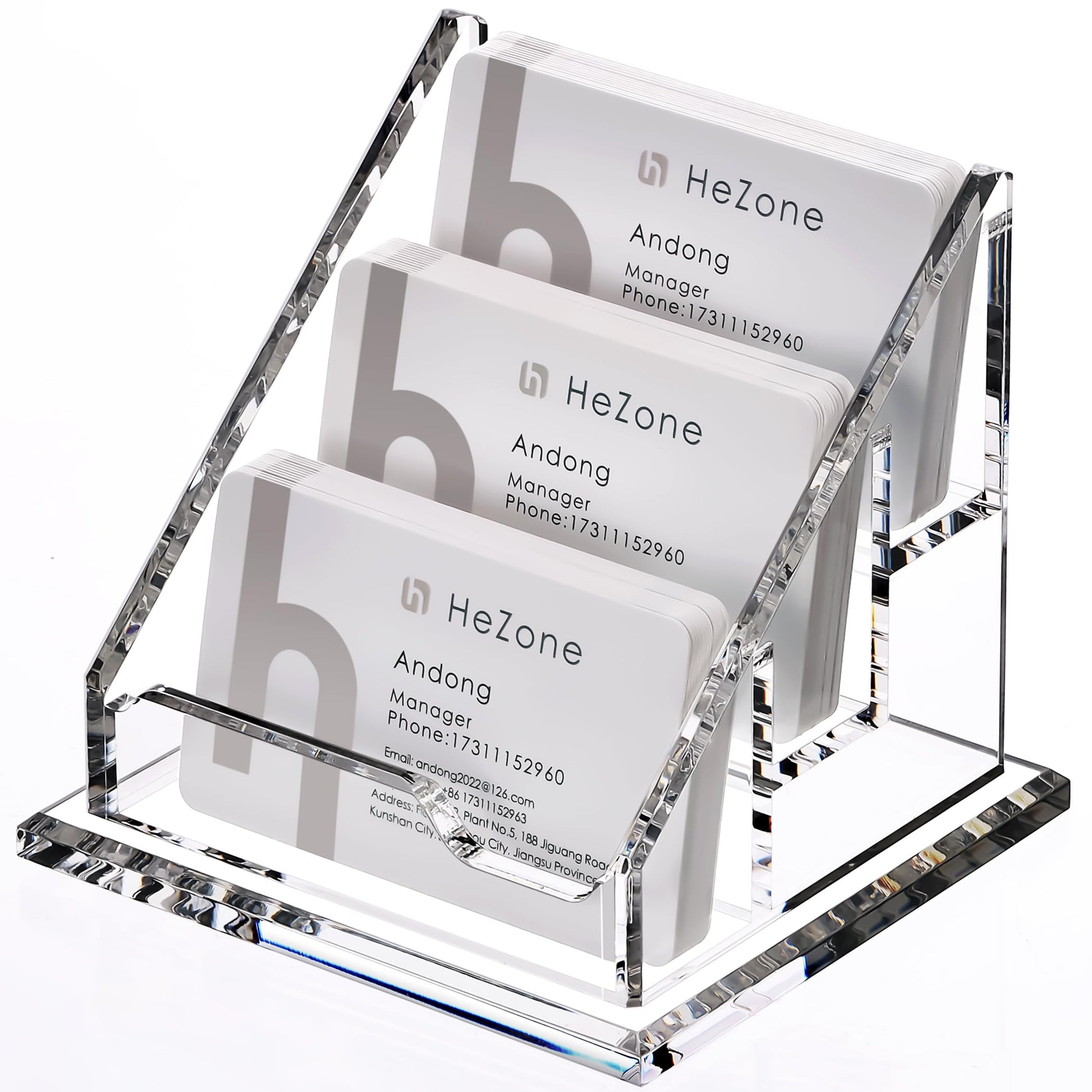 HeZone Acrylic Card Holder Clear Horizontal Business Card Organizer Stand for Desk 3 Slots 3 Tier