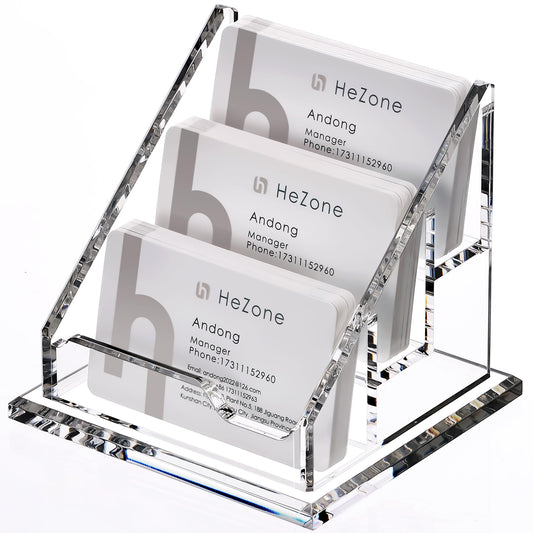 HeZone Acrylic Card Holder Clear Horizontal Business Card Organizer Stand for Desk 3 Slots 3 Tier