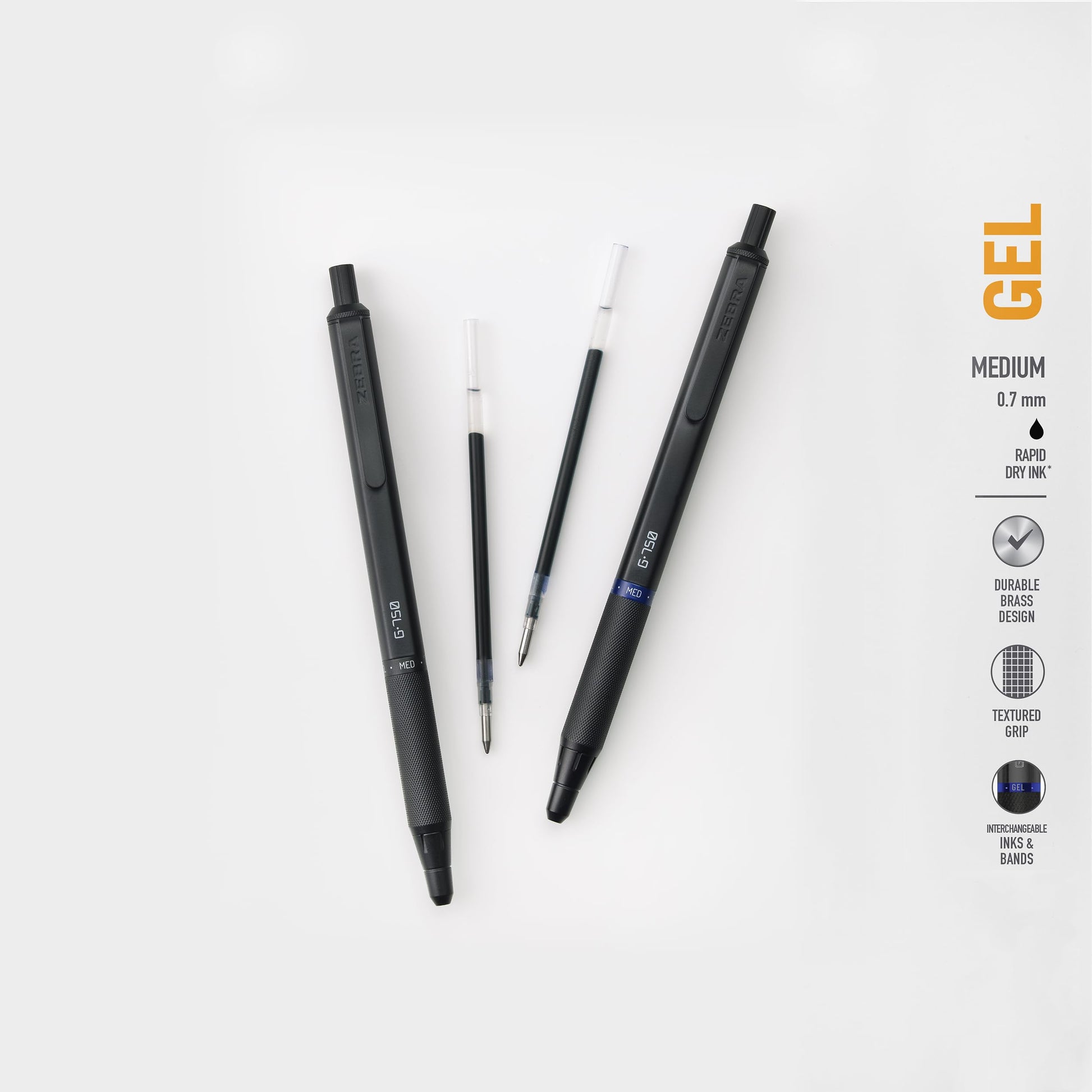 Zebra Pen G-750 Black Brass Retractable Gel Pen, Blue Ink, 0.7mm, 2-Pack