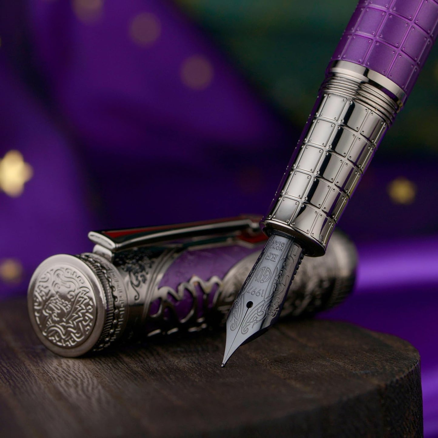 Hongdian D5X Fountain Pen Purple Color Fine Nib, Qin Dynasty Retro Chinese Totem Engraving Smooth