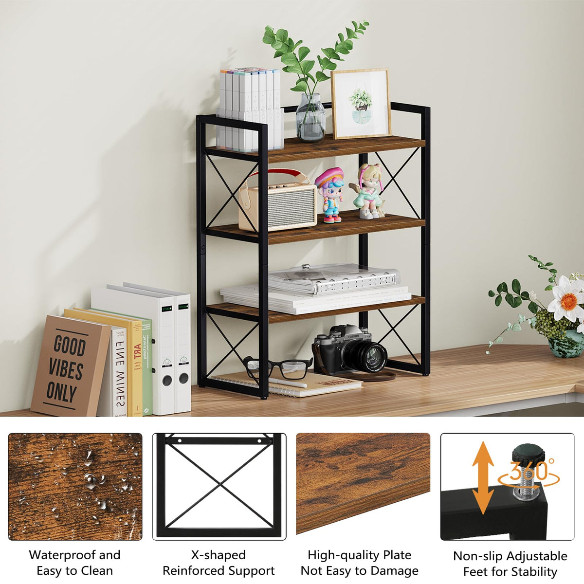 YINMIT Desk Shelf Organizer for Top of Desk with 3-Tier Open Shelves