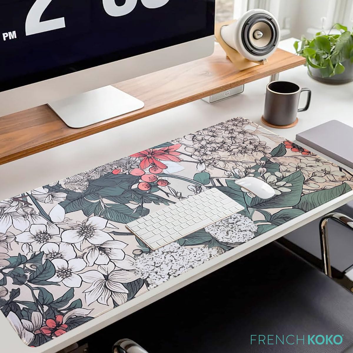 French KOKO Large Desk Mat 36" x 16.5" – Botanical Floral Mouse Pad for Keyboard & Mouse – Non-Slip