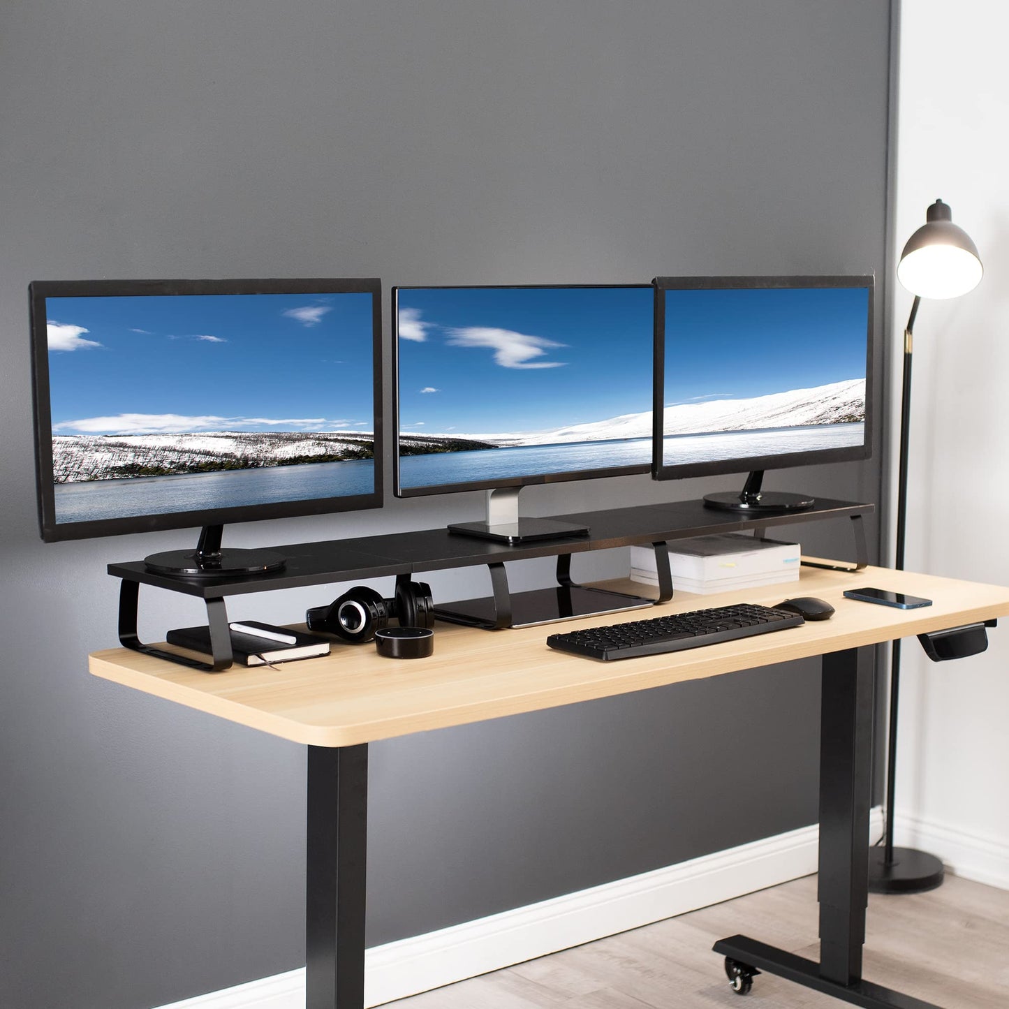 VIVO 55 inch Extra Long Monitor Stand, Wood & Steel Desktop Riser, Multi Screen, TV, Keyboard