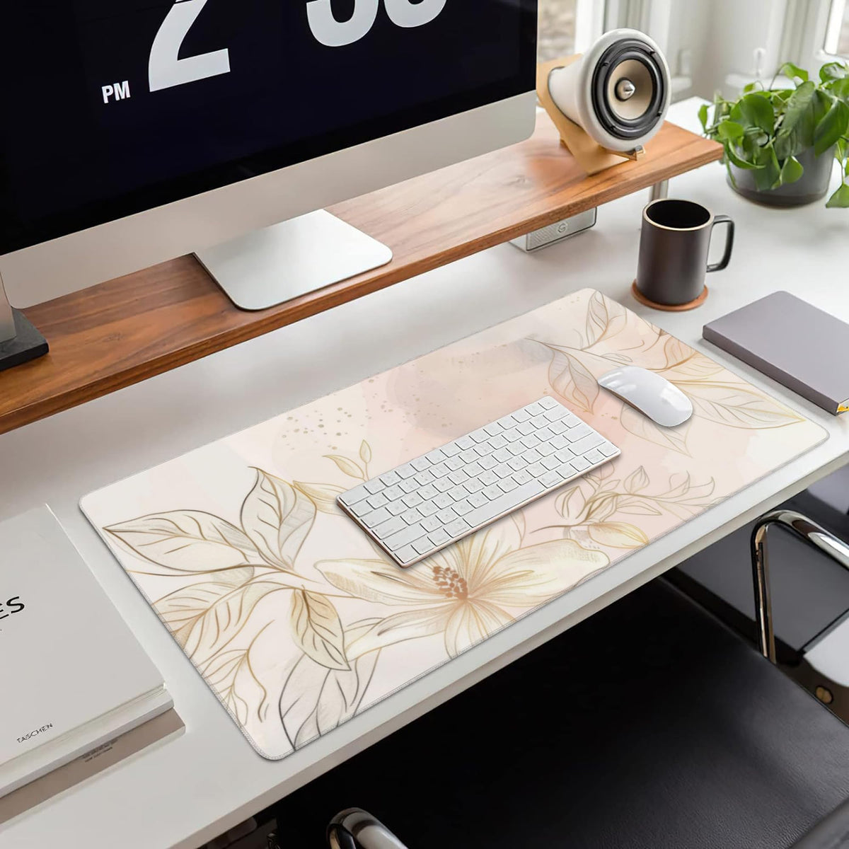Desk Mat,Minimalist Flowers and Leaves Large Gaming Mouse Pad for Desk XXL,Golden Line Floral Desk